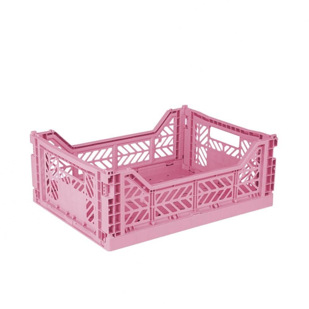 AYKASA Collapsible Storage Bins - Stackable Plastic Organizer Boxes, Foldable Milk Crates for Home, Office & Garage (Medium, Baby Pink) | Perfect for Toy Storage, Laundry Organization & Pantry Shelving