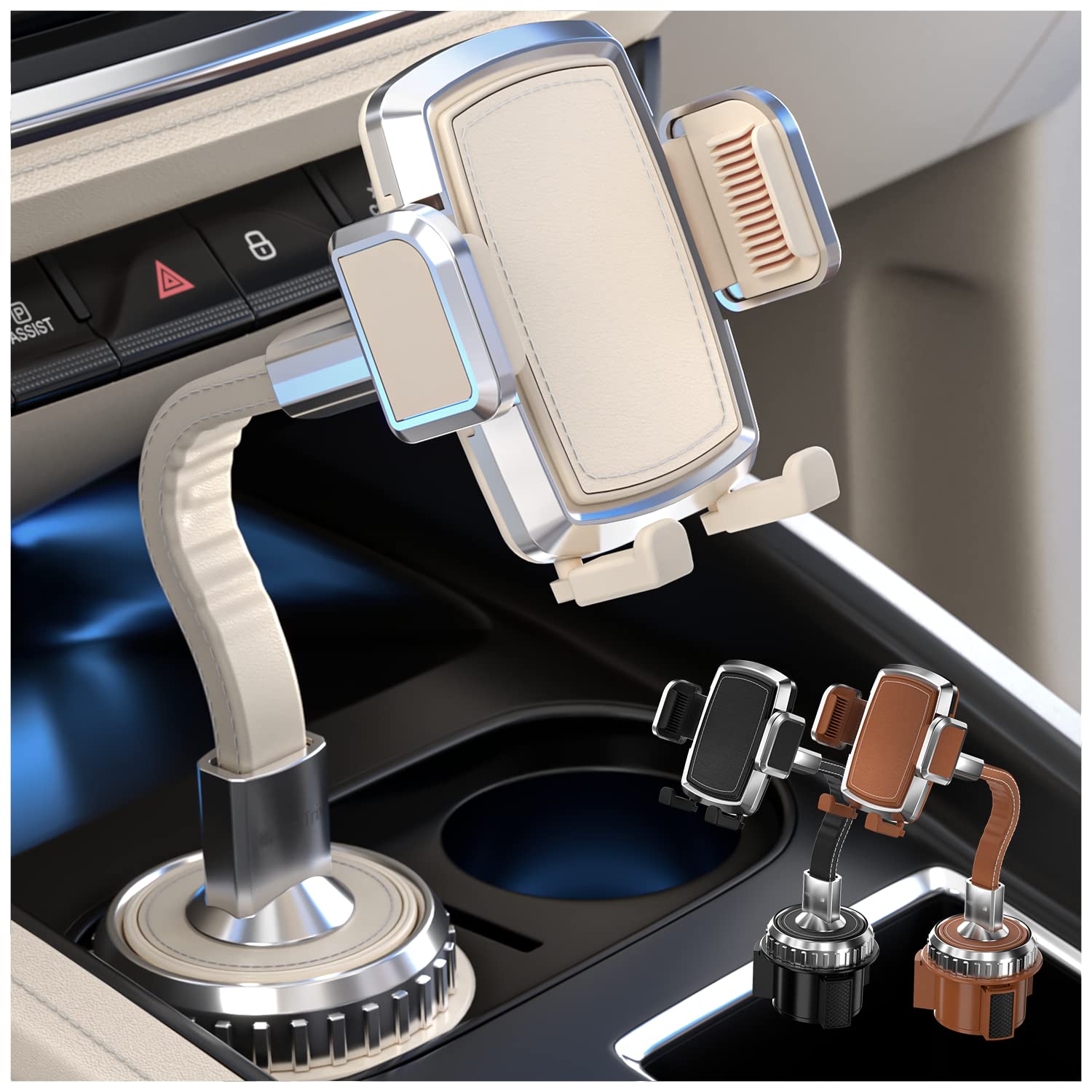 Premium Leather Car Cup Holder Phone Mount - Universal Fit for iPhone, Samsung & Android up to 6.7