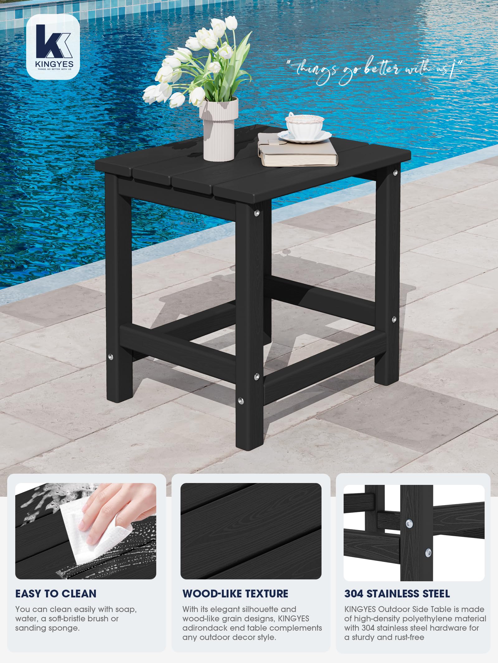 KINGYES Black Adirondack Side Table - Outdoor Patio Rectangular End Table for Garden, Deck, Poolside & Porch Use