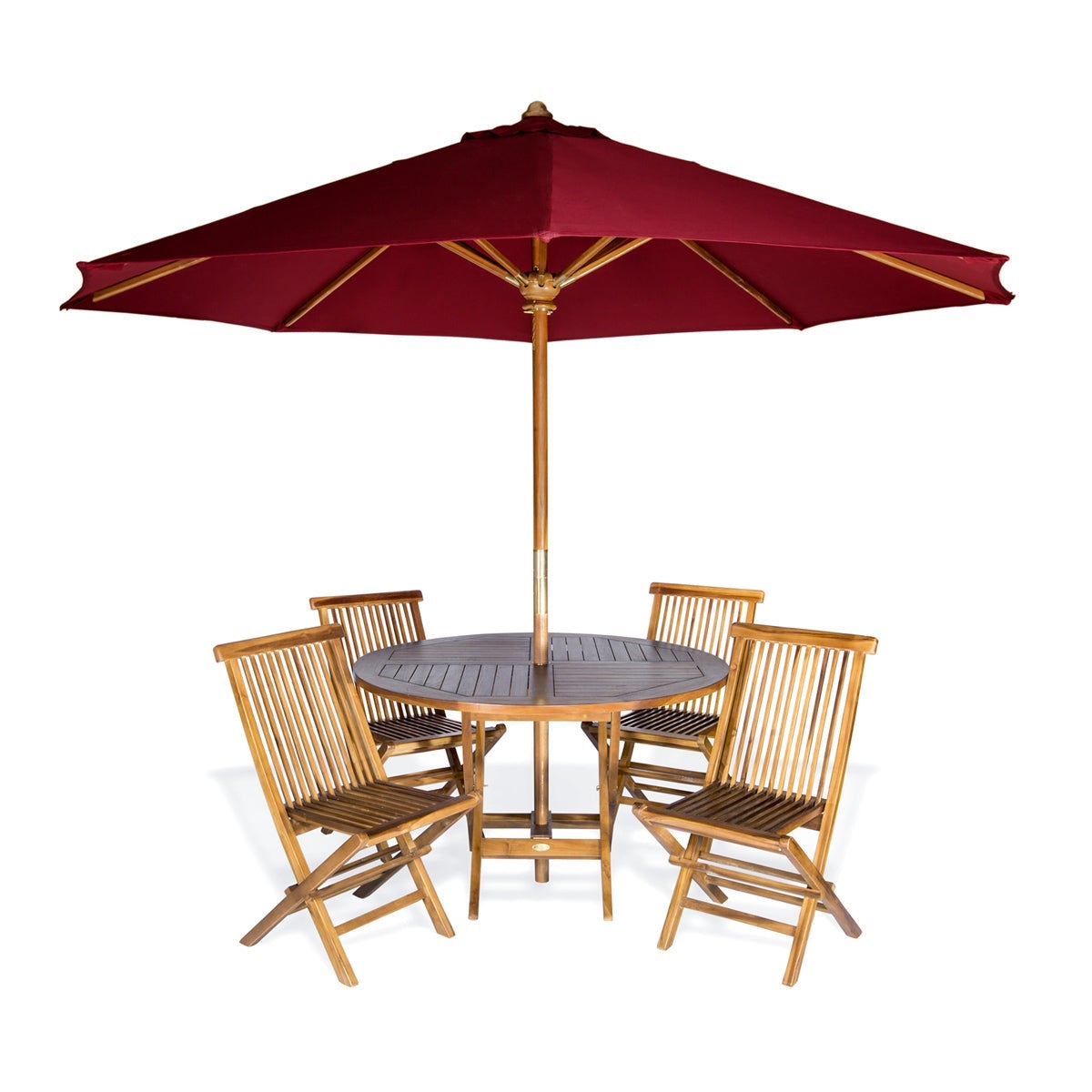 6-Piece Teak Round Folding Table Set with Blue Umbrella - 4 ft Outdoor Patio Dining Set | All Things Cedar | Perfect for Backyard BBQs, Poolside Gatherings & Garden Parties