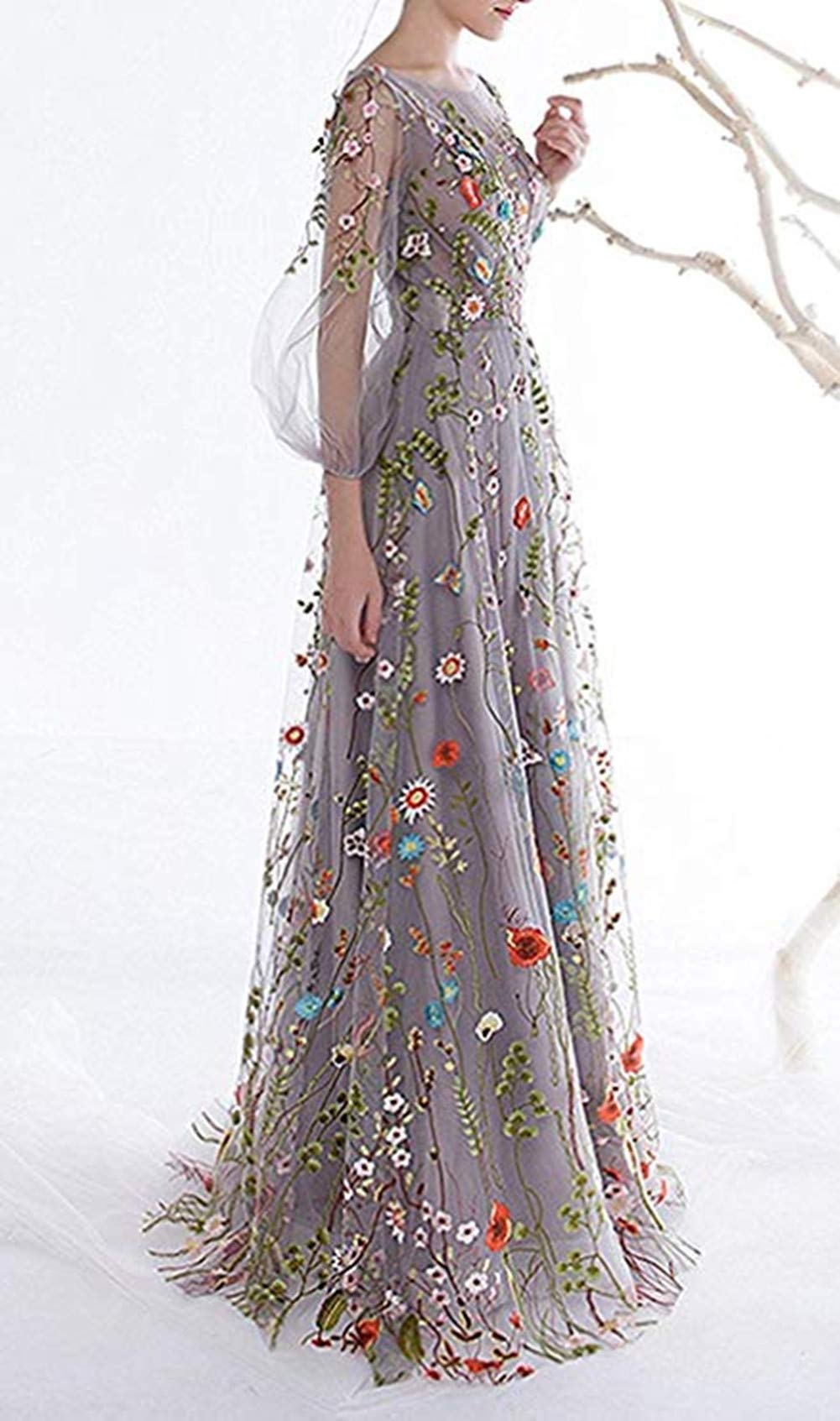 Elegant Floral Embroidery Prom Party Dress for Women - Long 3D Flower Evening Gown for Formal Events, Weddings & Special Occasions