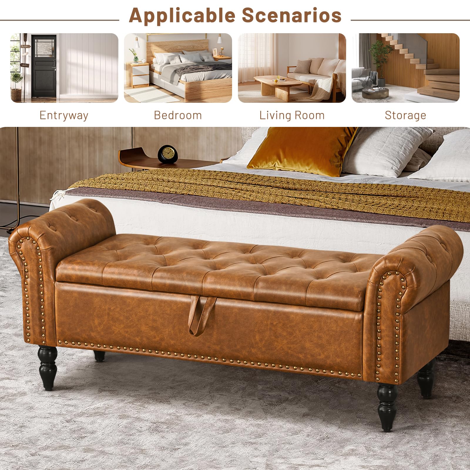 Furniliving Leather Storage Ottoman Bench - Solid Wood Legs, Upholstered Footrest & Seat with Hidden Storage | Living Room, Bedroom, Entryway Furniture | Perfect for Small Spaces & Home Organization (Yellow-Brown)