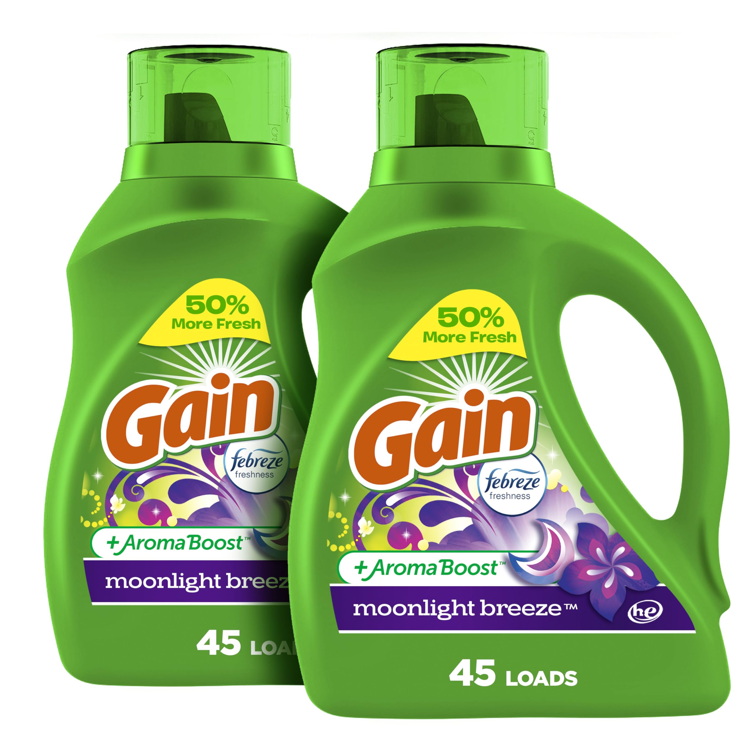 Gain + Aroma Boost Laundry Detergent Liquid Soap - Moonlight Breeze Scent (45 Loads, 3.84L, 2-Pack) | HE Compatible | Fresh Scent for Clothes & Linens | Ideal for Family Laundry, Gym Wear & Bedding