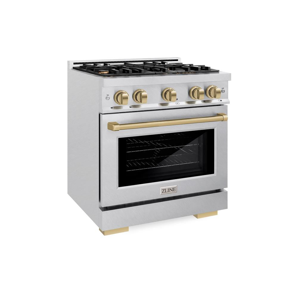 ZLINE Autograph Edition 30 Inch 4.2 Cu. Ft. Gas Range with 4 Burner Cooktop & Convection Oven - Satin Stainless Steel with Champagne Bronze Accents (HGRSZ 30 CB) | Professional Kitchen Appliance for Home Chefs & Cooking Enthusiasts