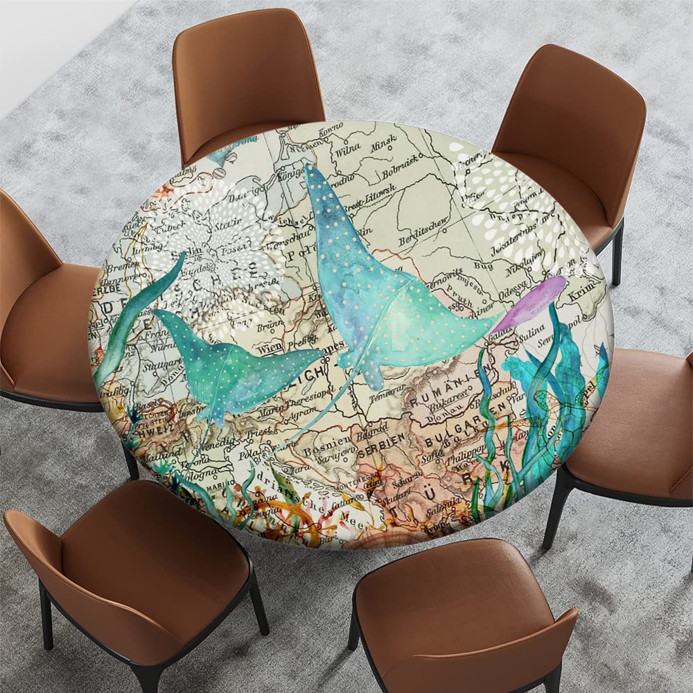 Vintage Watercolor Sea Animals Fish Pattern Round Fitted Tablecloth with Elastic Edge - Fits 36