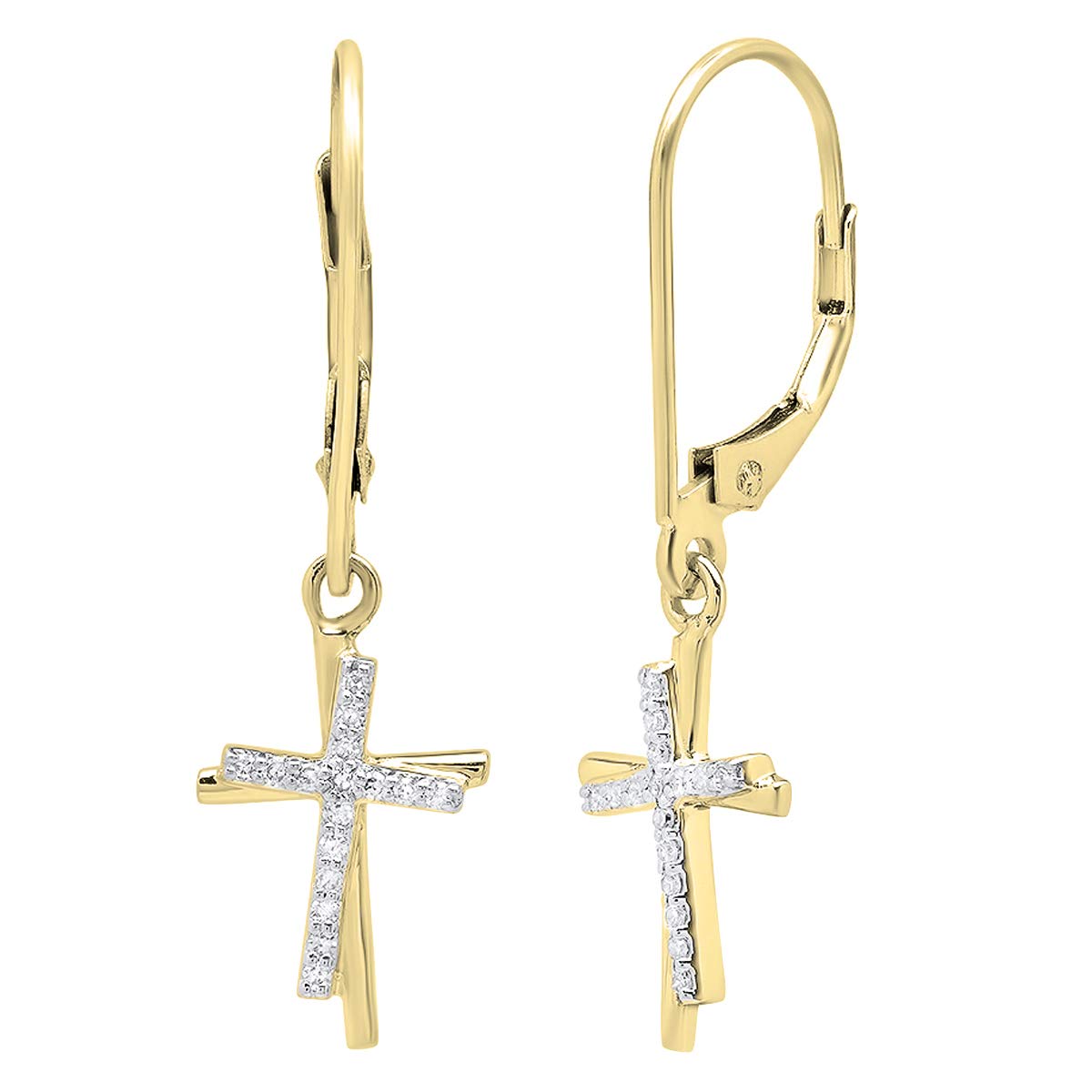 0.10 Cttw Round White Diamond Double Cross Lever Back Dangle Earrings for Women - 10K Solid Gold Elegant Jewelry - Perfect for Weddings, Parties & Special Occasions