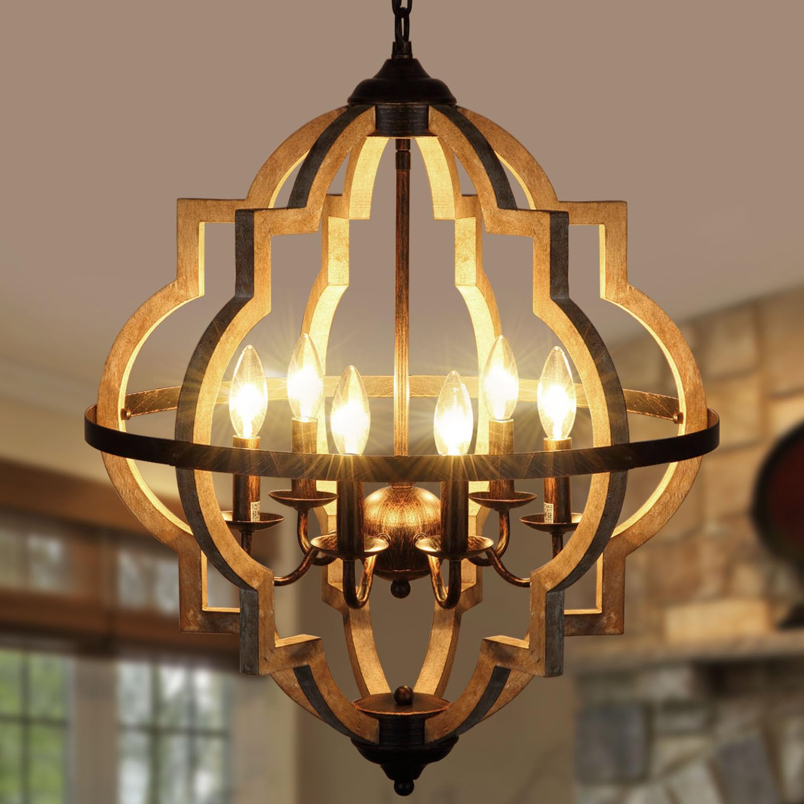Orb 6-Light Farmhouse Chandelier with Stardust Finish - Rustic Vintage Wood Ceiling Light Fixture in Brown - 21.3 Inch Diameter - Perfect for Kitchen Island, Dining Room, Living Room & Entryway Lighting
