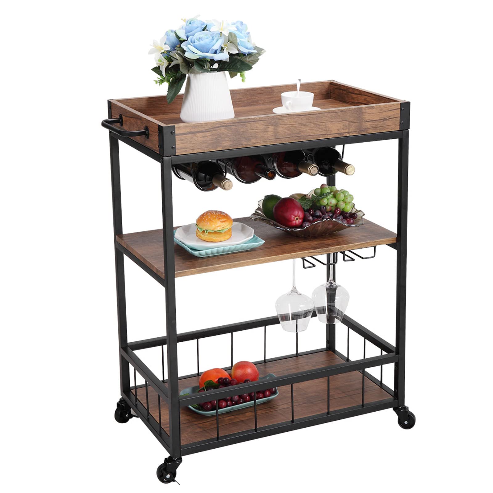 KOLESIN 3-Tier Bar Cart with Removable Wood Top - Kitchen Island Serving Cart with Metal Wine Rack & Glass Bottle Holder, Storage Shelves & Hook Rack - Perfect for Home Bar, Kitchen Organization & Party Serving