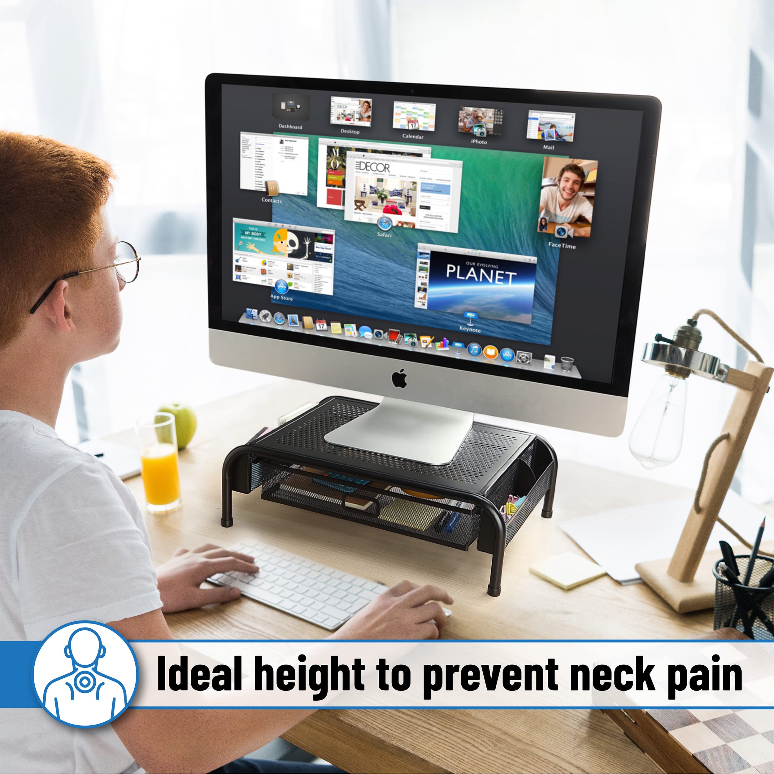 Mr. Pen - Adjustable Metal Mesh Monitor Stand with Storage Drawer, Ergonomic Computer Riser for Home & Office Desk - Perfect for Dual Monitors, Laptops & Workspace Organization