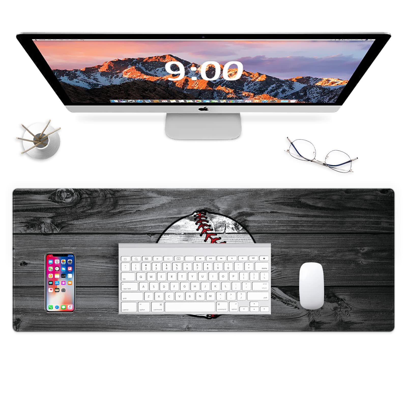 XXL Gaming Mouse Pad 31.5x11.8 Inches - Stitched Edges, Anti-Slip Rubber Base, Ergonomic Design for PC & Computer Gaming - Custom Wooden Baseball Print - Perfect for Office Work & Esports