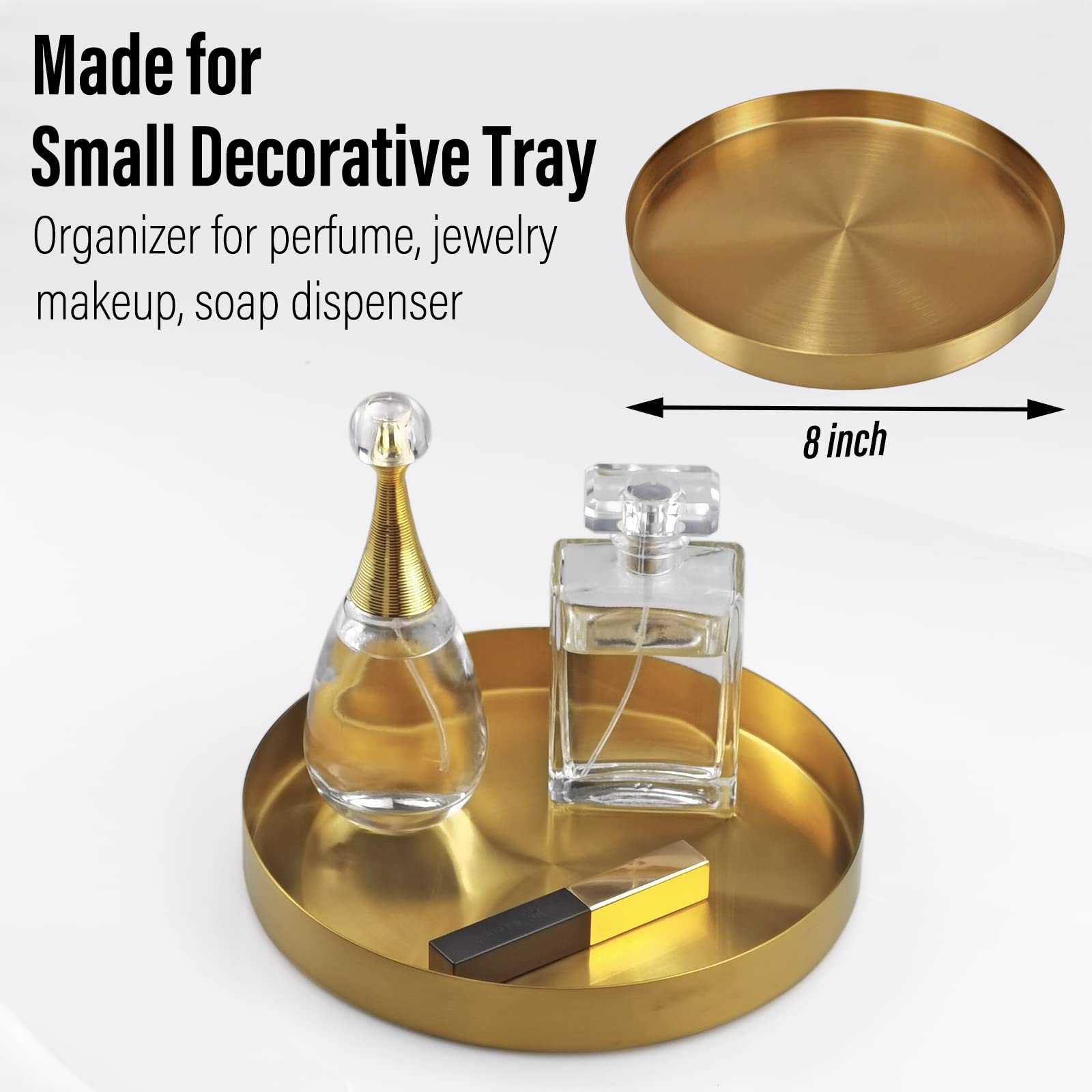 Freelove 8 Inch Round Brass Gold Serving Tray - Elegant Perfume & Candle Organizer for Dining Table, Coffee Table, Vanity, Bathroom - Perfect for Home Decor, Storage & Centerpiece Displays