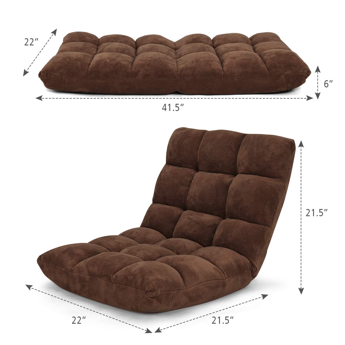 14-Position Adjustable Folding Sofa Chair - Convertible Sleeper Bed & Gaming Recliner for Living Room, Bedroom, Home Theater - Comfortable Floor Couch in Brown (Perfect for Small Spaces, Guest Beds & Relaxing)