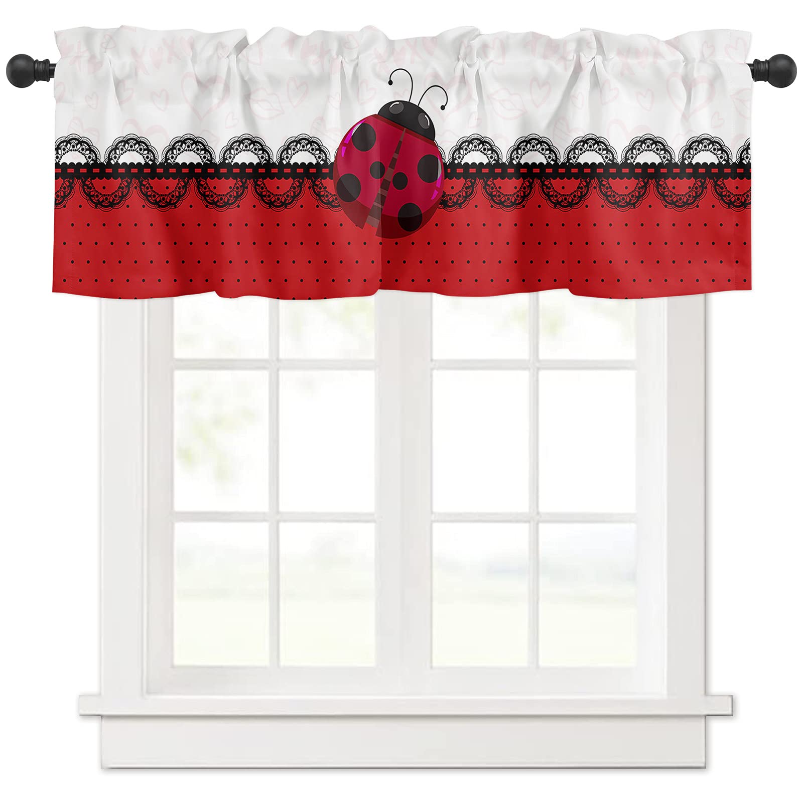 Valentine's Day Ladybug Kitchen Window Curtain Valance - 54x18 Inch Red Black Dot Lace Edge Rod Pocket Valance for Bathroom, Living Room, Cafe - Perfect for Romantic Home Decor & Kitchen Window Treatments