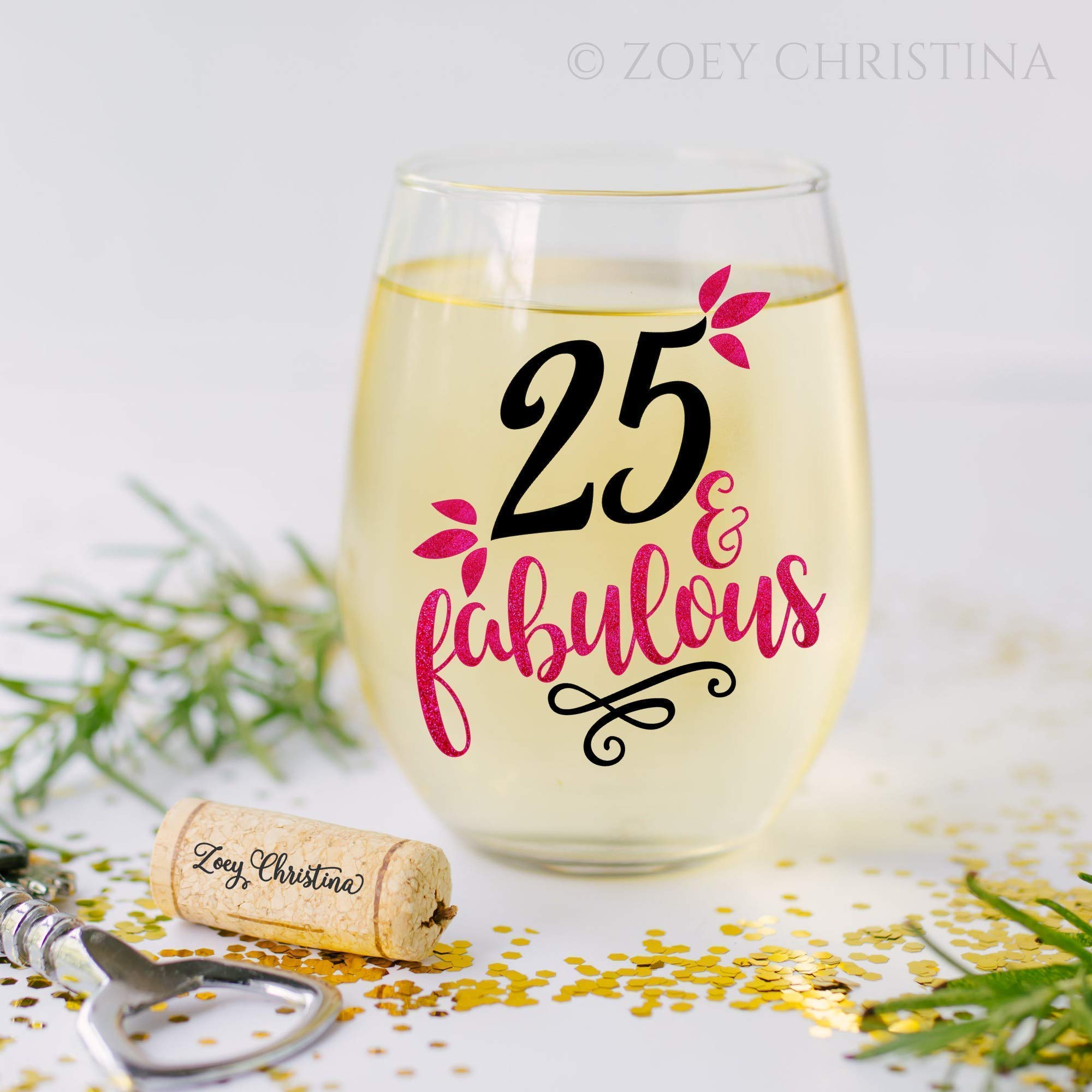 25th Birthday Gifts for Women - Elegant Stemless Wine Glass with 'Twenty Five and Fabulous' Design - Perfect for Birthday Celebrations, Girls Night Out, and Anniversary Gifts (0082 E)