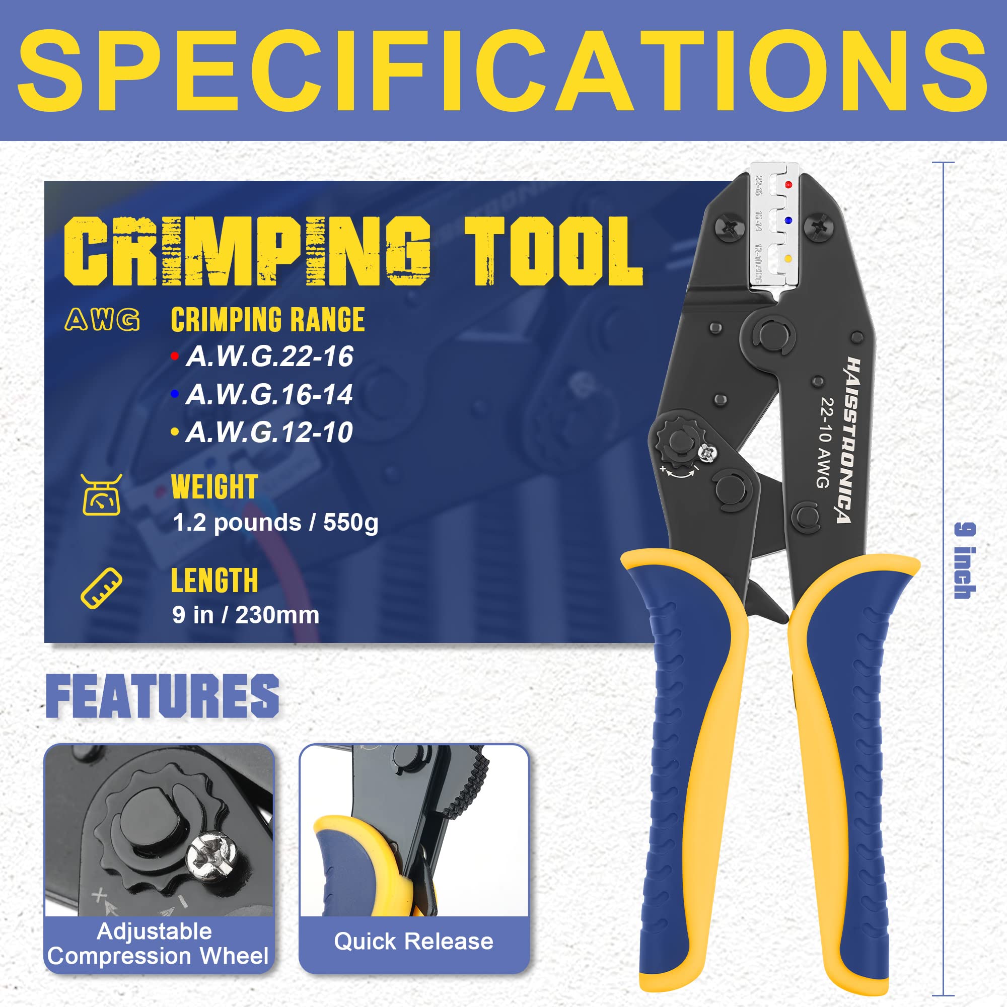 Haisstronica Ratcheting Crimping Tool for Heat Shrink Connectors - AWG 22-10 Wire Terminal Crimper - Professional Electrical Crimper for Insulated Nylon & Electrical Wire Connectors (HS-8327) - Perfect for Automotive Wiring, Marine Applications & DIY Electrical Projects