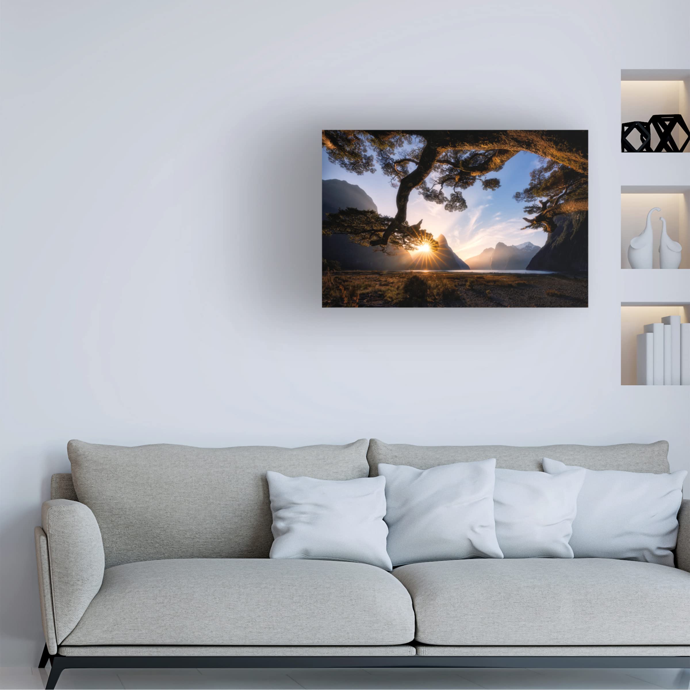 Trademark Fine Art 'Sunny Day In Milford Sound' Canvas Wall Art Print by Jingshu Zhu - Landscape Painting for Living Room, Bedroom & Office Decor