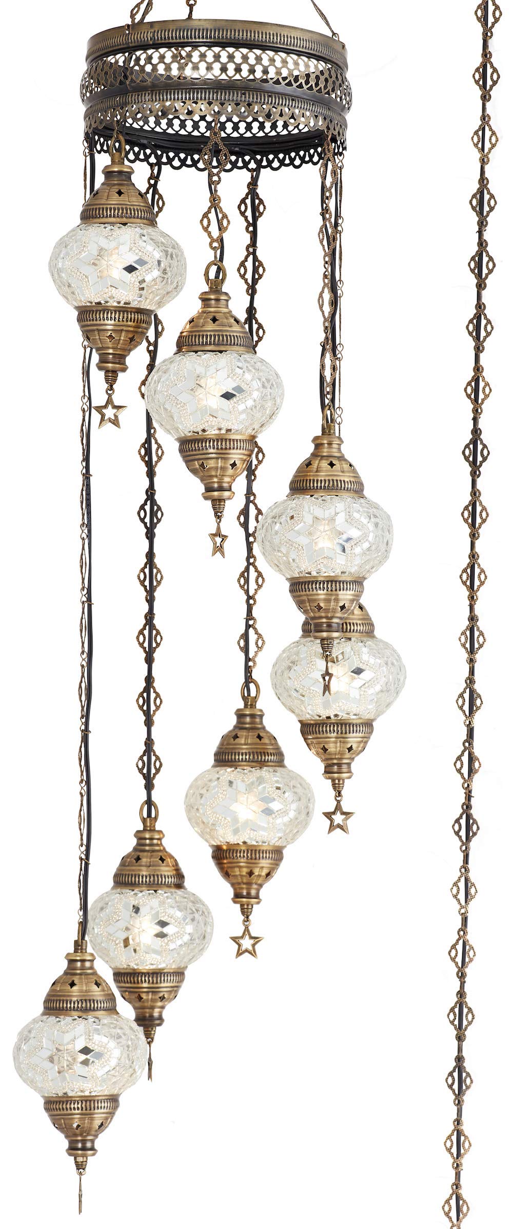 DEMMEX 7 Globes Moroccan Bohemian Tiffany Style Plug-in Ceiling Pendant Light Chandelier with 15ft Cord Chain - White & Clear Glass Mosaic for Living Room, Bedroom, Dining Room Decoration