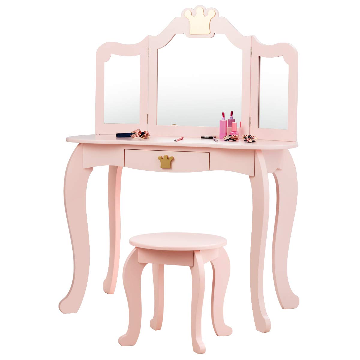 COSTWAY 2-in-1 Wooden Makeup Vanity Table with Stool & 3-Section Mirror, 80x42x105cm Kids Dressing Table with Drawer for Girls Age 3+ (Pink) - Perfect for Bedroom, Playroom & Birthday Gifts