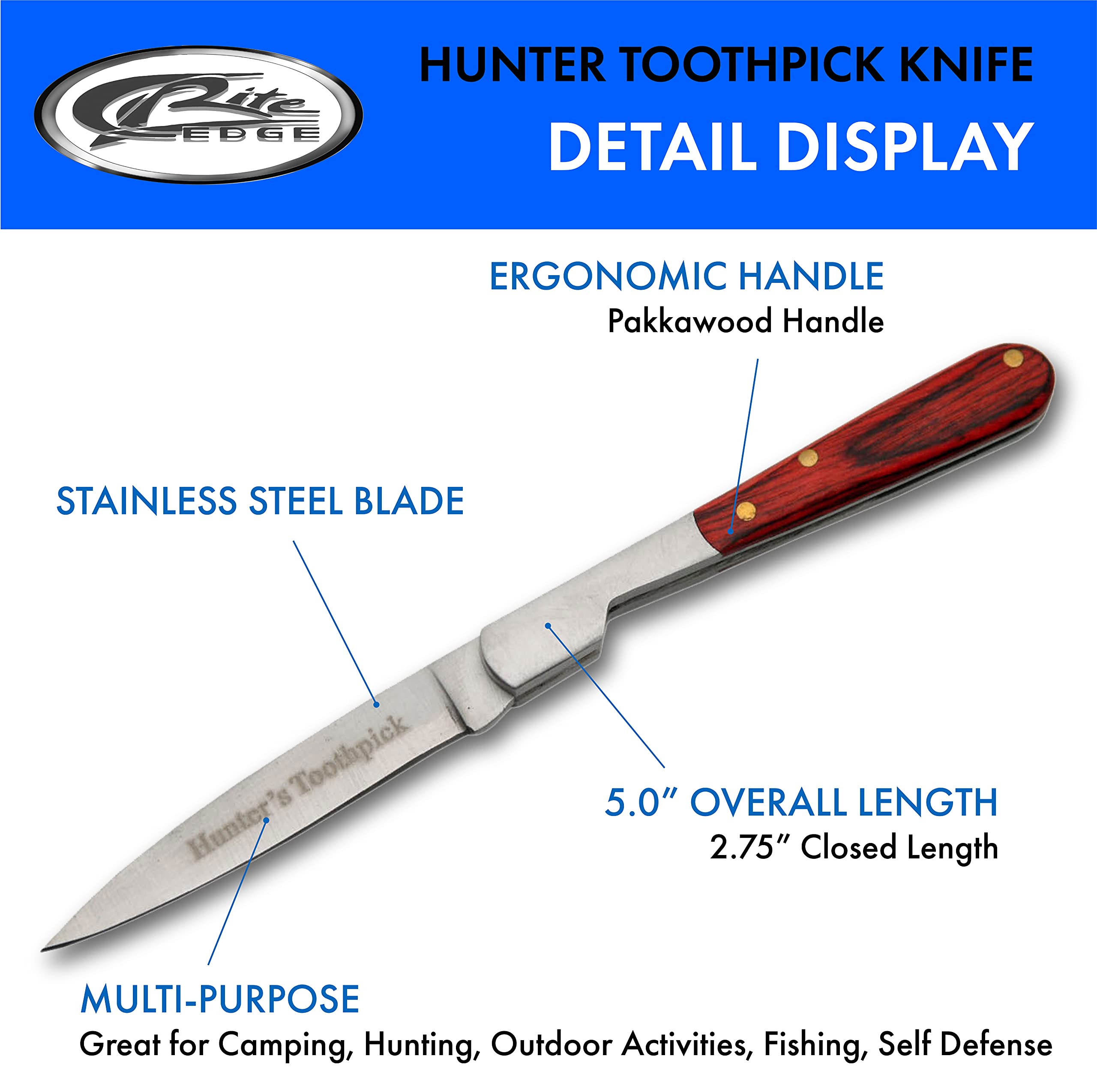 Szco Supplies 212071-HT Hunter's Toothpick Knife - Compact Pocket Knife for Outdoor, Camping & Survival - Stainless Steel Blade with Wood Handle - Perfect for Hunting, Fishing & Everyday Carry (EDC)
