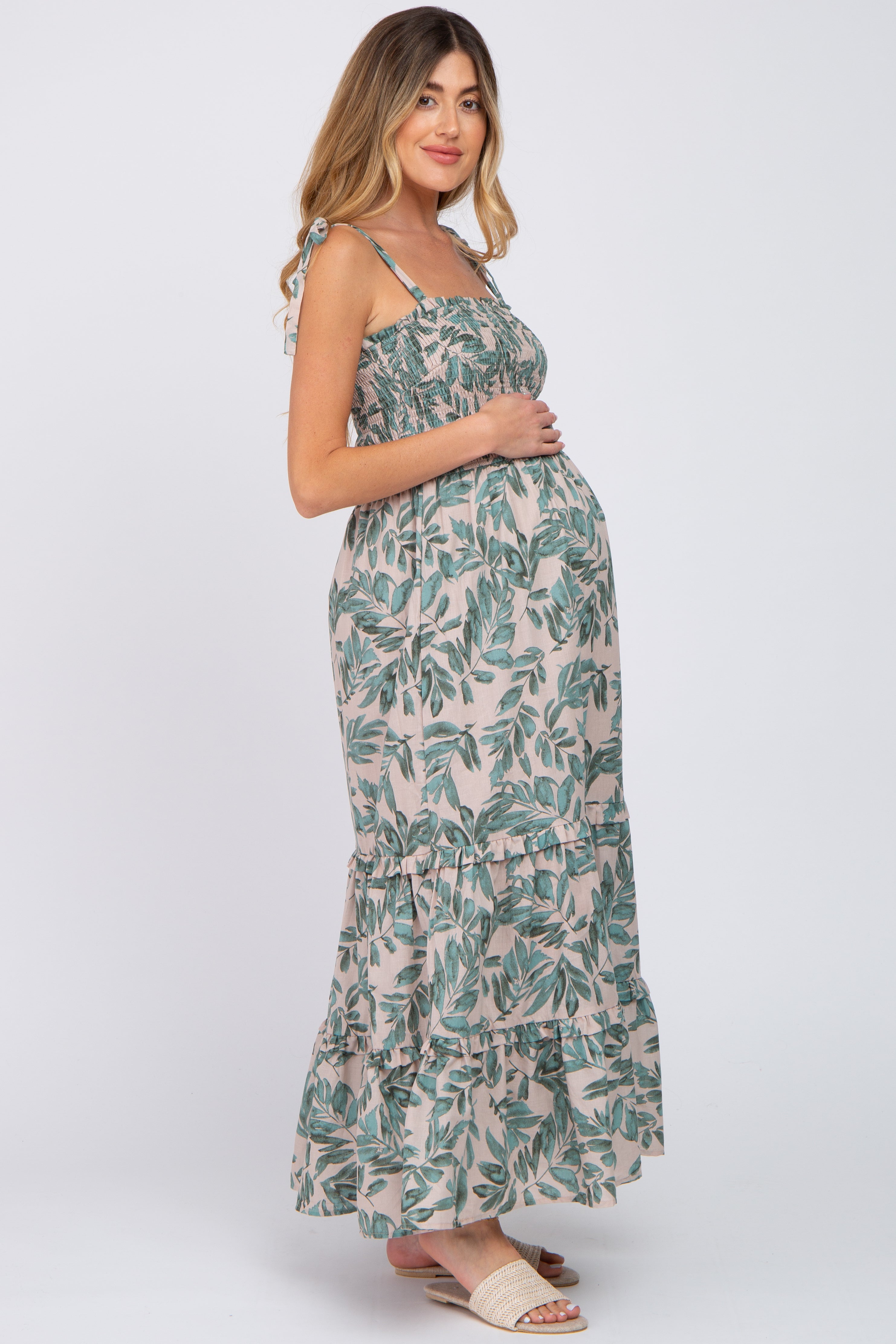 Beige Leaf Print Shoulder Tie Maternity Maxi Dress for Pregnancy - Comfortable Flowy Long Dress for Baby Shower, Maternity Photoshoot & Summer Vacation