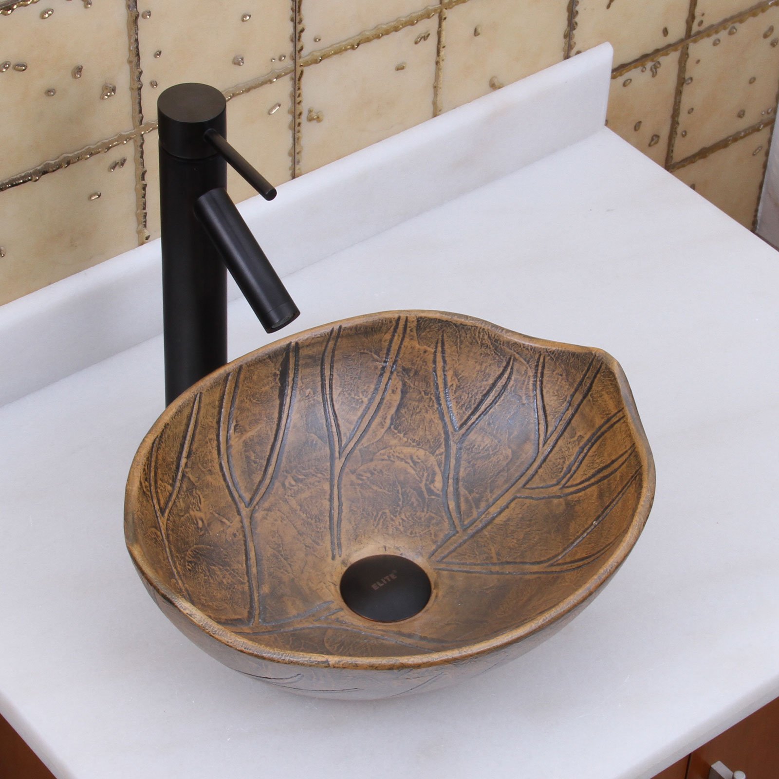 ELITE Oval Matt Glaze Autumn Leaf Style Porcelain Ceramic Bathroom Vessel Sink with Oil Rubbed Bronze Faucet Set - Modern Vanity Sink for Powder Room, Guest Bath & Luxury Home Decor