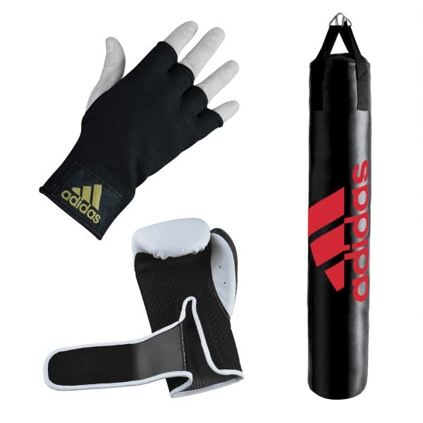 Adidas Heavy Boxing Bag Set with Hybrid 150 Gloves & Protective Inner Gloves - Home Gym Training Equipment for Boxing, Kickboxing & MMA - Red/Gold/White/Black - 10oz/12oz/16oz Gloves & 4ft/5ft Bags - Perfect for Home Workouts, Martial Arts Training & Fitness Routines