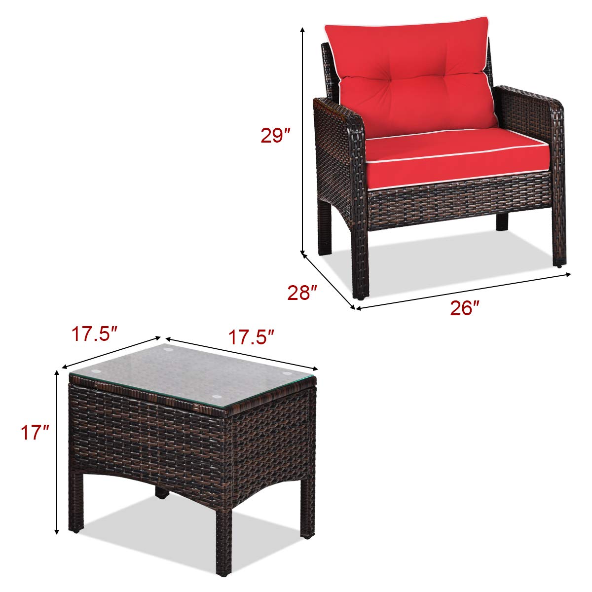 Tangkula 3-Piece Outdoor Patio Furniture Set - All-Weather Wicker Chairs with Glass Coffee Table & Thick Cushions - Red 2-Seater Garden, Poolside, Backyard, Porch Furniture for Relaxing & Entertaining