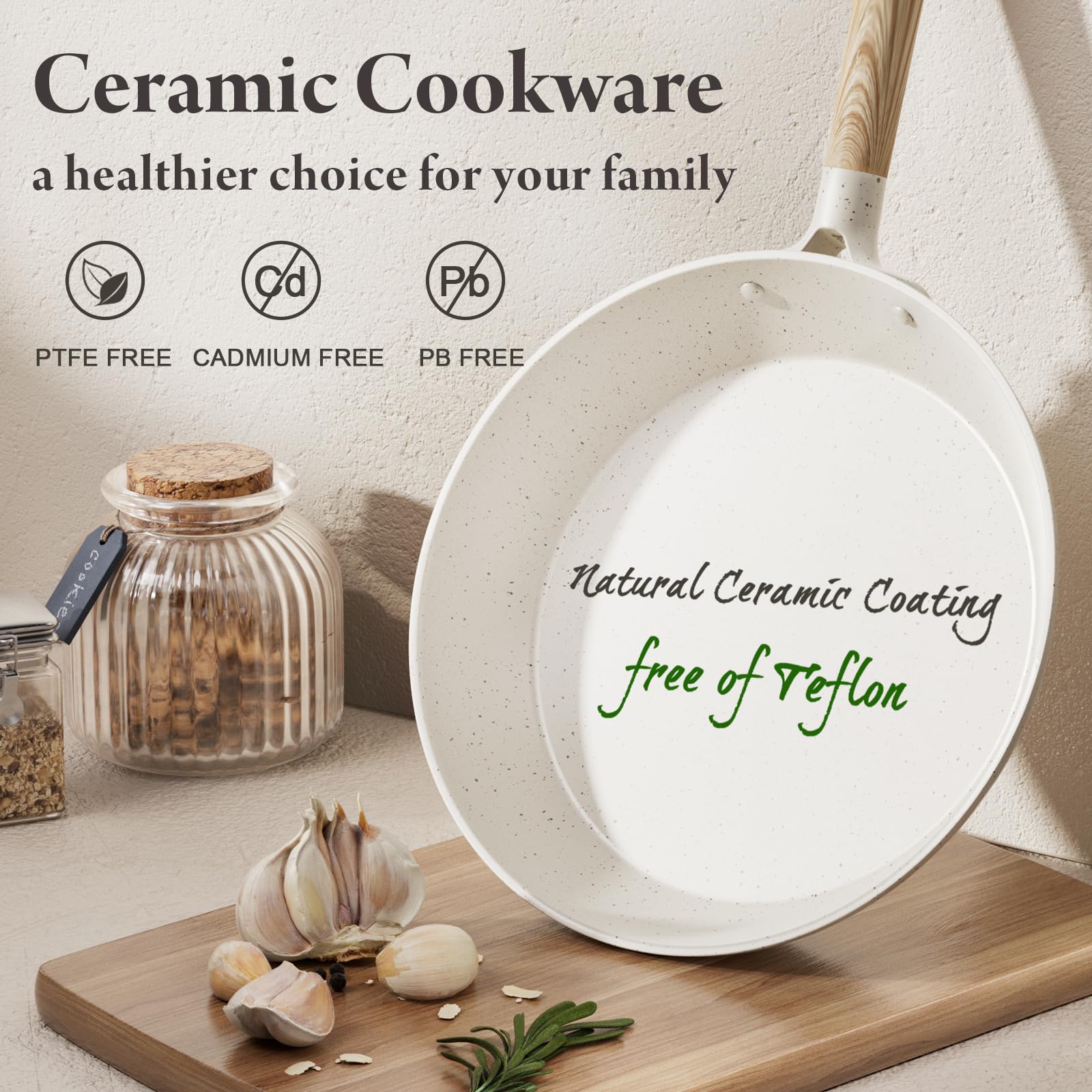 14-Piece Nonstick Ceramic Cookware Set - Large Capacity Pots and Pans with Utensils, PTFE/PFOA/PFAS Free, Healthy Induction Safe Kitchenware in Cream White - Perfect for Family Cooking & Professional Chefs