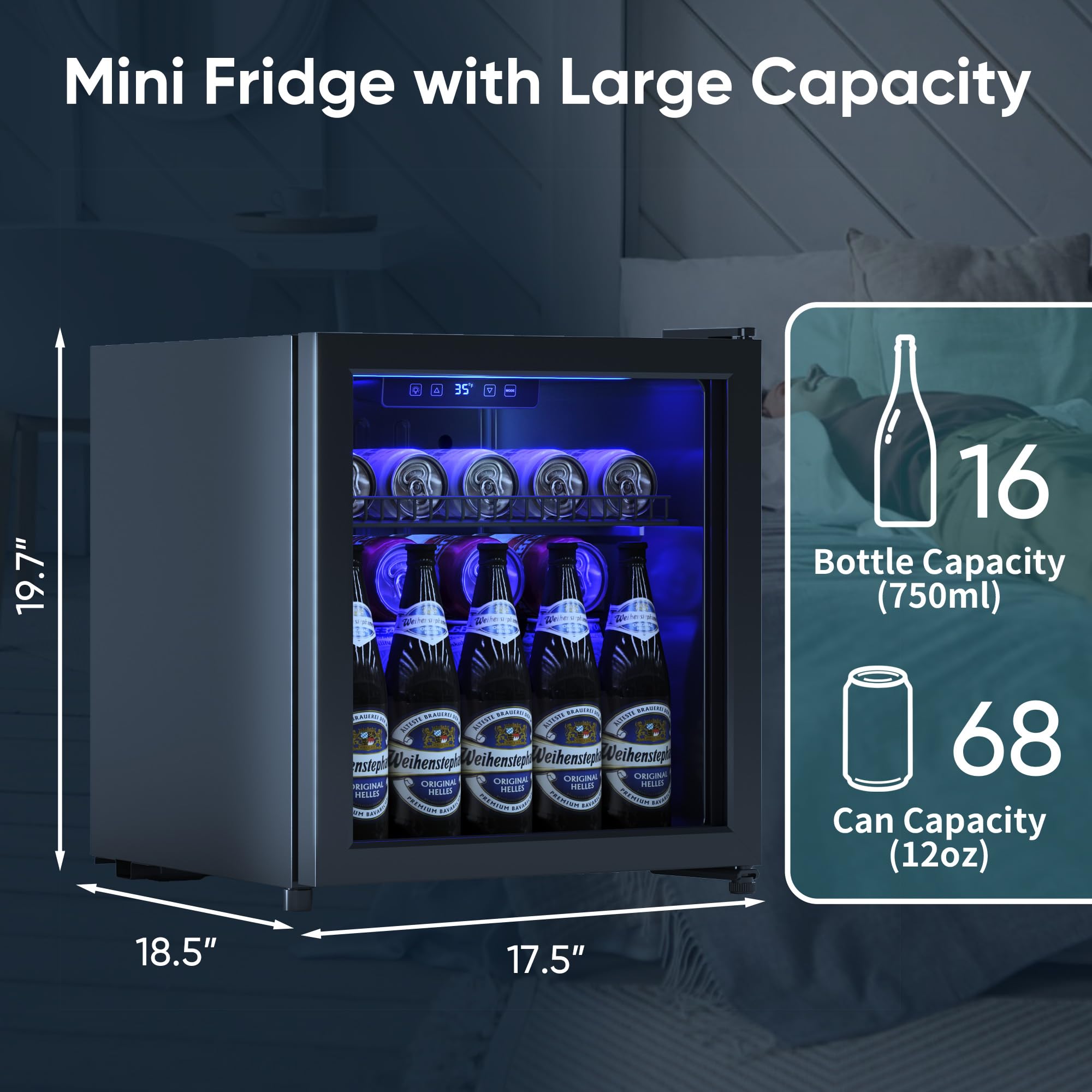 68 Can Mini Fridge - 1.75 Cu Ft Compact Beverage Cooler with Glass Door, Adjustable Shelves & Digital Display | Perfect for Soda, Beer, Wine in Home, Office, Dorm or Bar | Black Freestanding Drink Refrigerator