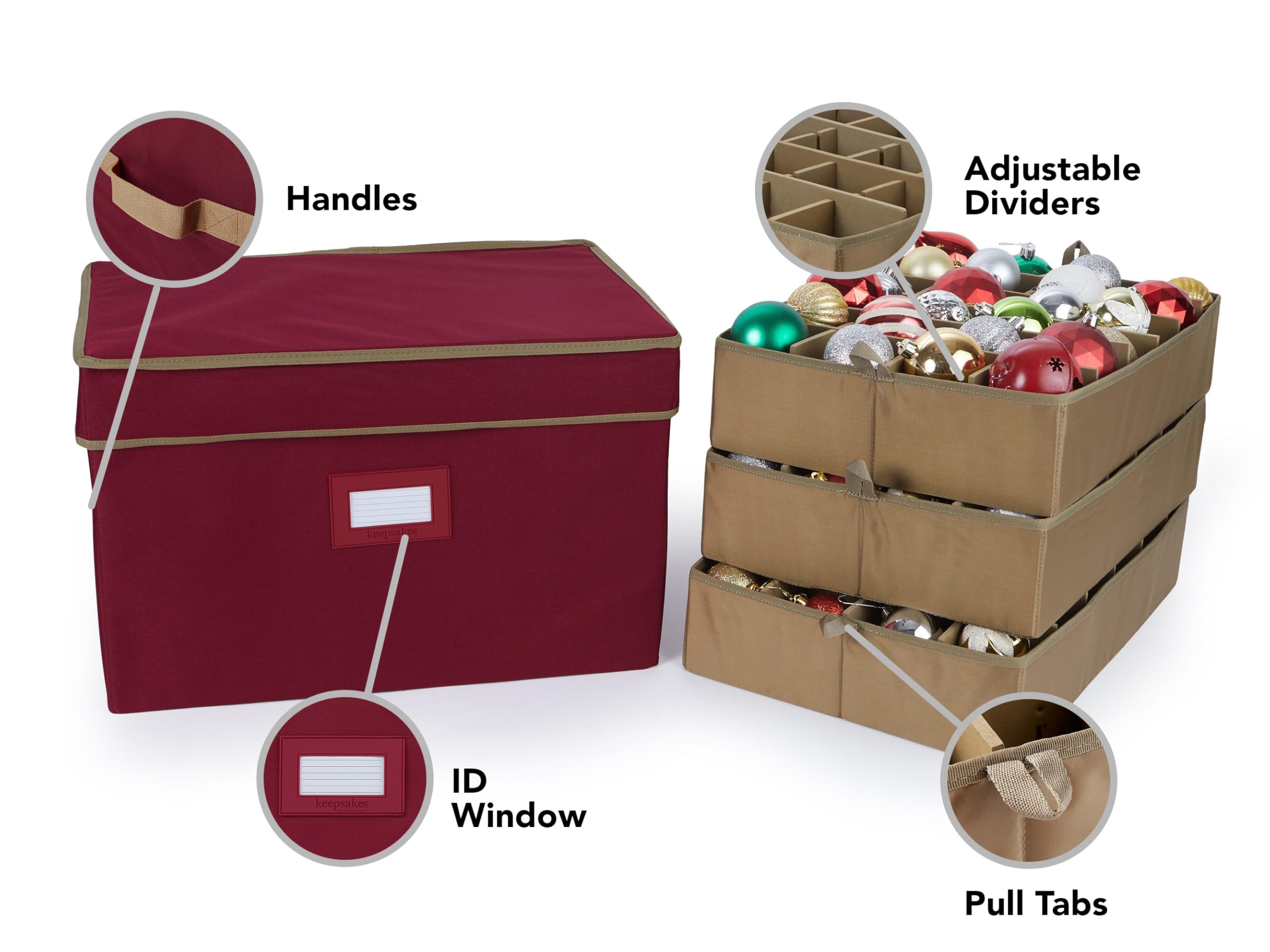 Covermates Keepsakes Adjustable Christmas Ornament Storage Box with Carrying Handles & Padded Protection - Holiday Decor Organizer for Xmas Tree Decorations (Red) - Perfect for Seasonal Storage & Home Organization