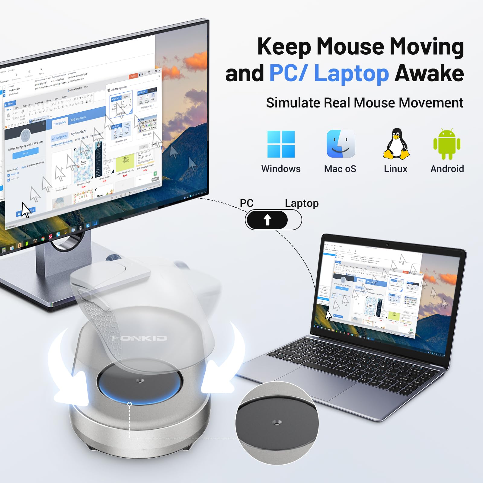 HONKID Undetectable Mouse Mover Jiggler - USB Plug & Play with ON/Off Switch, Automatic Mouse Movement Simulator to Prevent Computer Sleep/Lock Screen - Perfect for Remote Work, Gaming & Office Use (Silver)