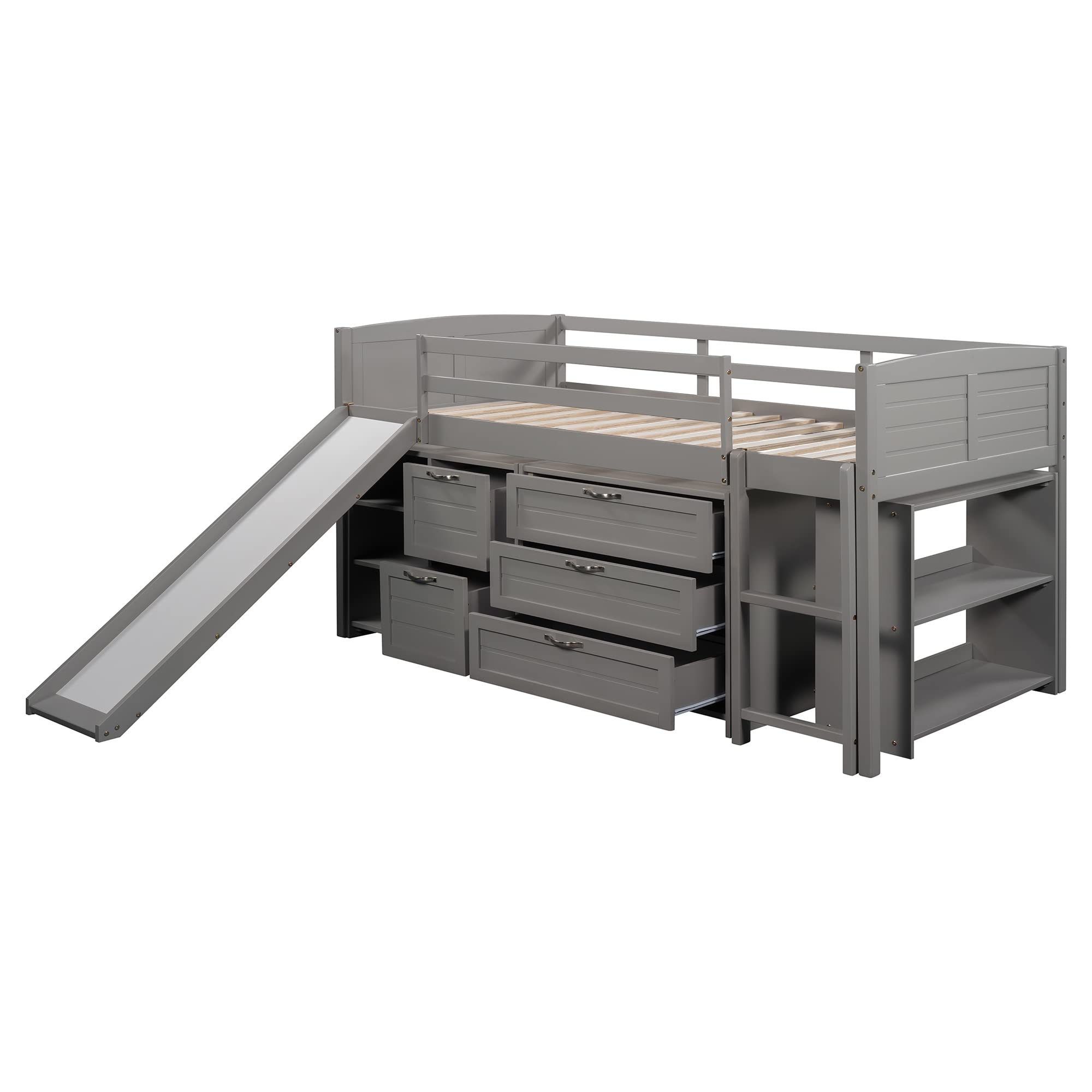 Harper & Bright Designs Twin Size Kids Loft Bed with Slide, Storage Cabinet Drawers & Bookshelves - Low Loft Bed Frame for Boys & Girls - No Box Spring Needed (Gray) - Perfect for Small Bedrooms, Playrooms & Space-Saving Kids' Rooms