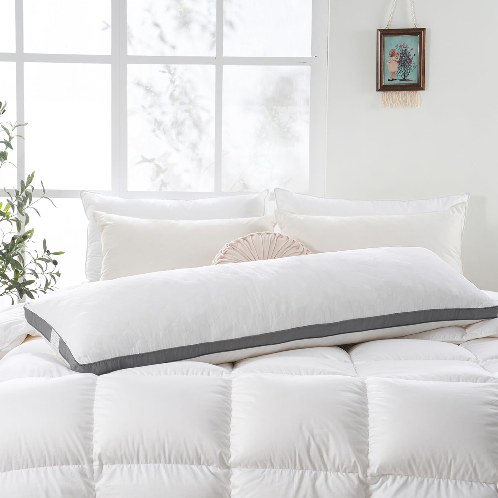 DOWNCOOL Quilted Memory Foam Body Pillow - Large Full Body Pillow for Adults & Side Sleepers - Soft Long Bed Pillow (20x54 inches, White) - Perfect for Pregnancy Support, Back Pain Relief & Comfortable Sleeping