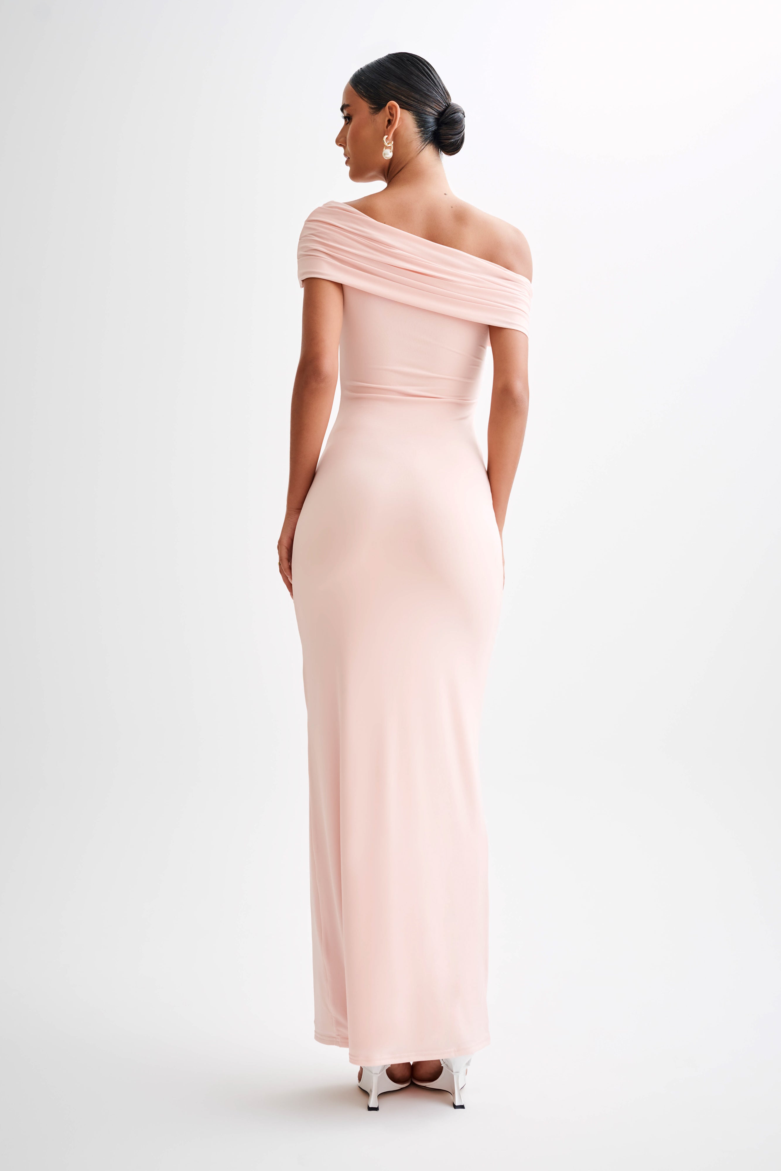 Cassandra Off Shoulder Slinky Maxi Dress - Pale Pink | Flowy Long Formal Gown for Weddings, Parties & Evening Events | Women's Elegant Summer Dress