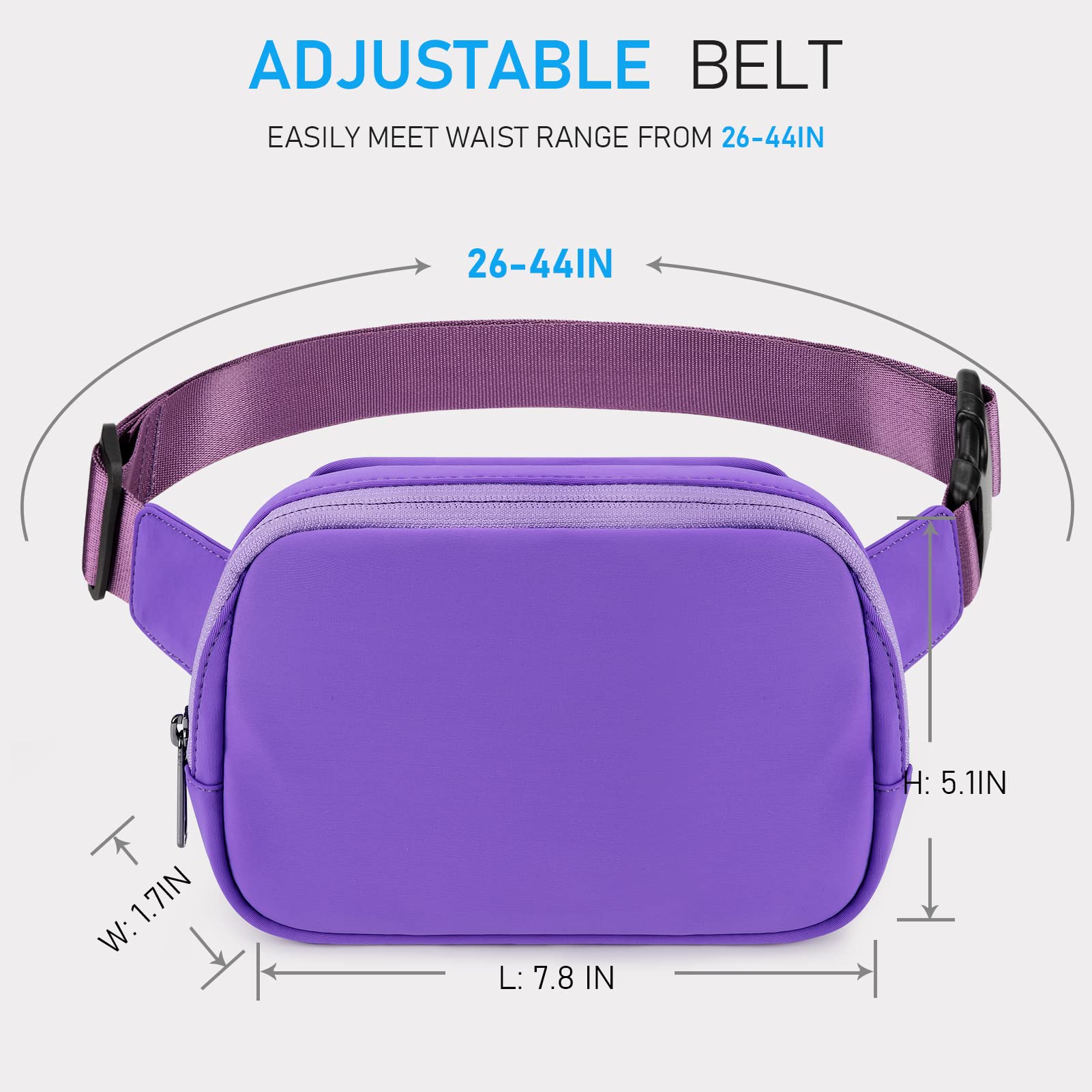 ZORFIN Adjustable Crossbody Fanny Pack for Women & Men - Light Purple Belt Bag for Hiking, Running, Travel - Hands-Free Waist Pack for Outdoor Activities, Concerts & Daily Use