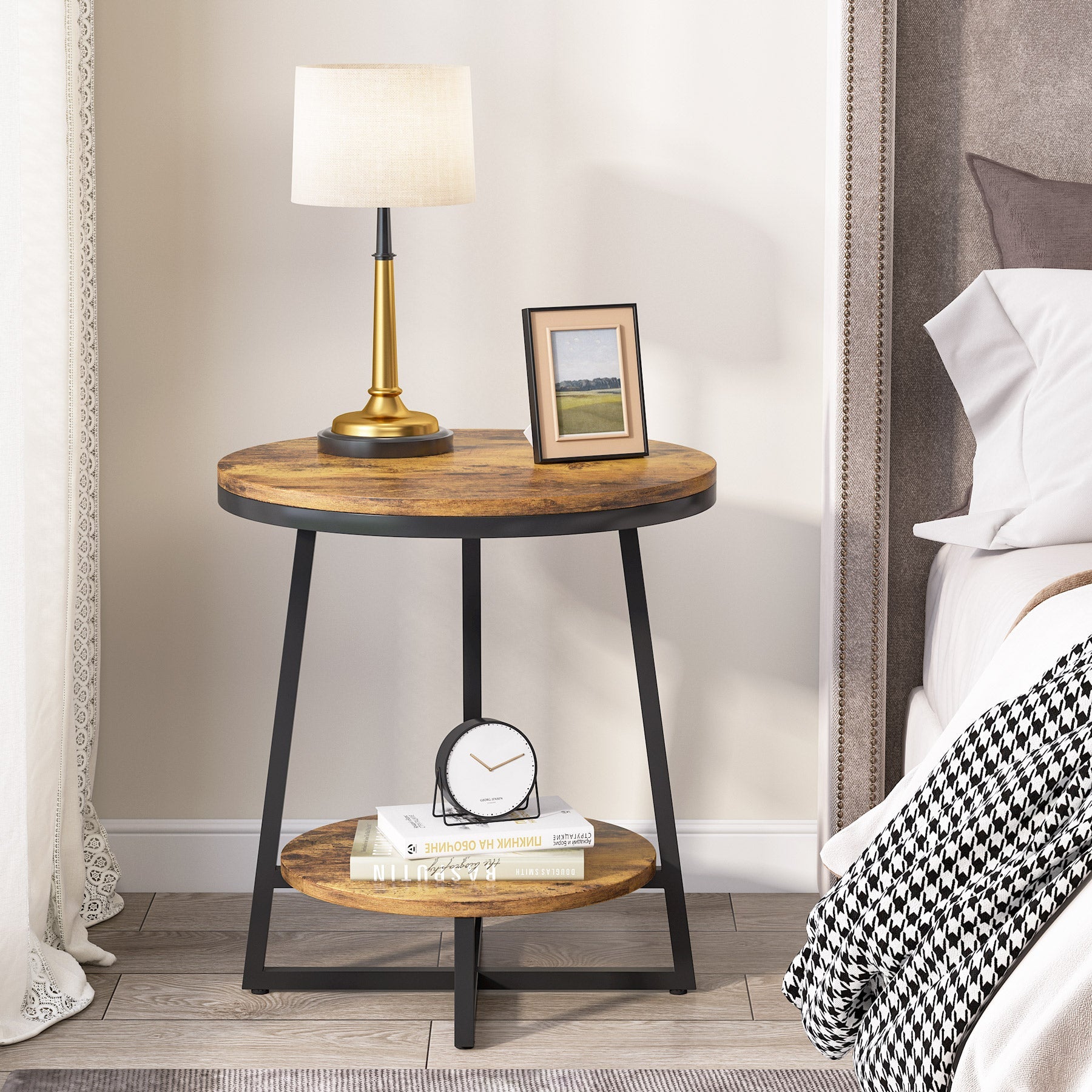 2-Tier Round End Table with Storage Shelf - Modern Accent Bedside Nightstand for Living Room, Bedroom & Office