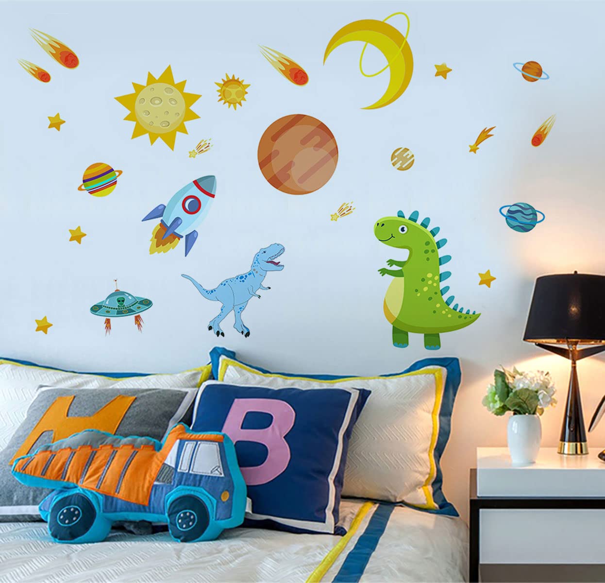 Dinosaur Outer Space Wall Decals - Dino Rocket Spaceship Wall Stickers for Kids Room, Nursery & Classroom Decor | Solar System & Animal Planet Theme | Perfect for Bedroom, Playroom & Learning Spaces