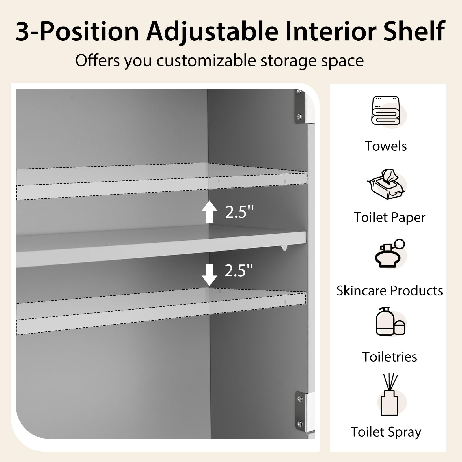 Over The Toilet Storage Cabinet - Wooden Bathroom Organizer with Adjustable Shelves, Double Doors & Open Storage - Space Saving Freestanding Toilet Rack Unit (Gray) - Perfect for Small Bathrooms, Apartments & Dorm Rooms