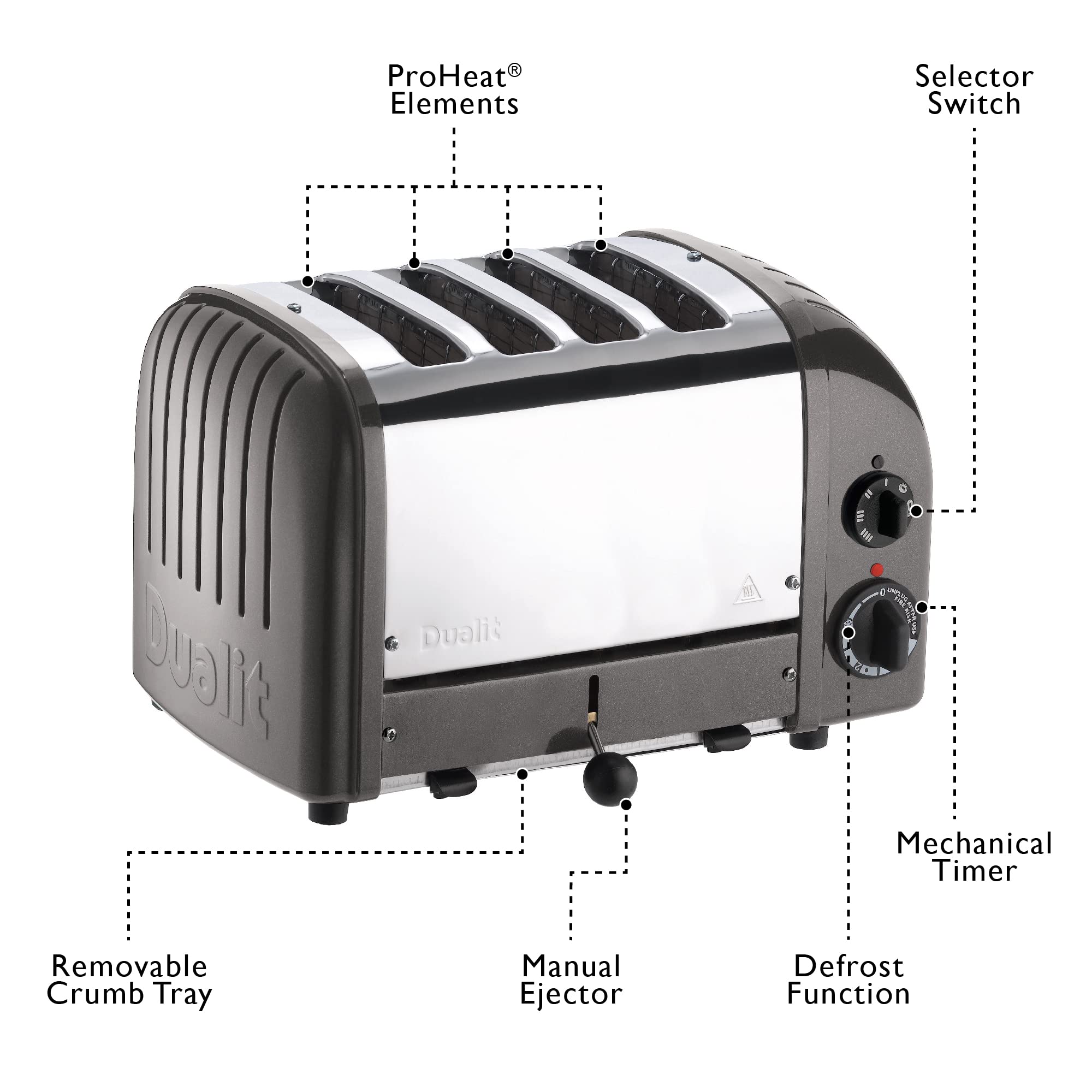 Dualit Classic 4-Slice Stainless Steel Toaster - Handcrafted in UK - ProHeat Replaceable Elements - Defrost & Reheat Function - Mechanical Timer - Perfect for Breakfast, Brunch & Kitchen Countertop Use