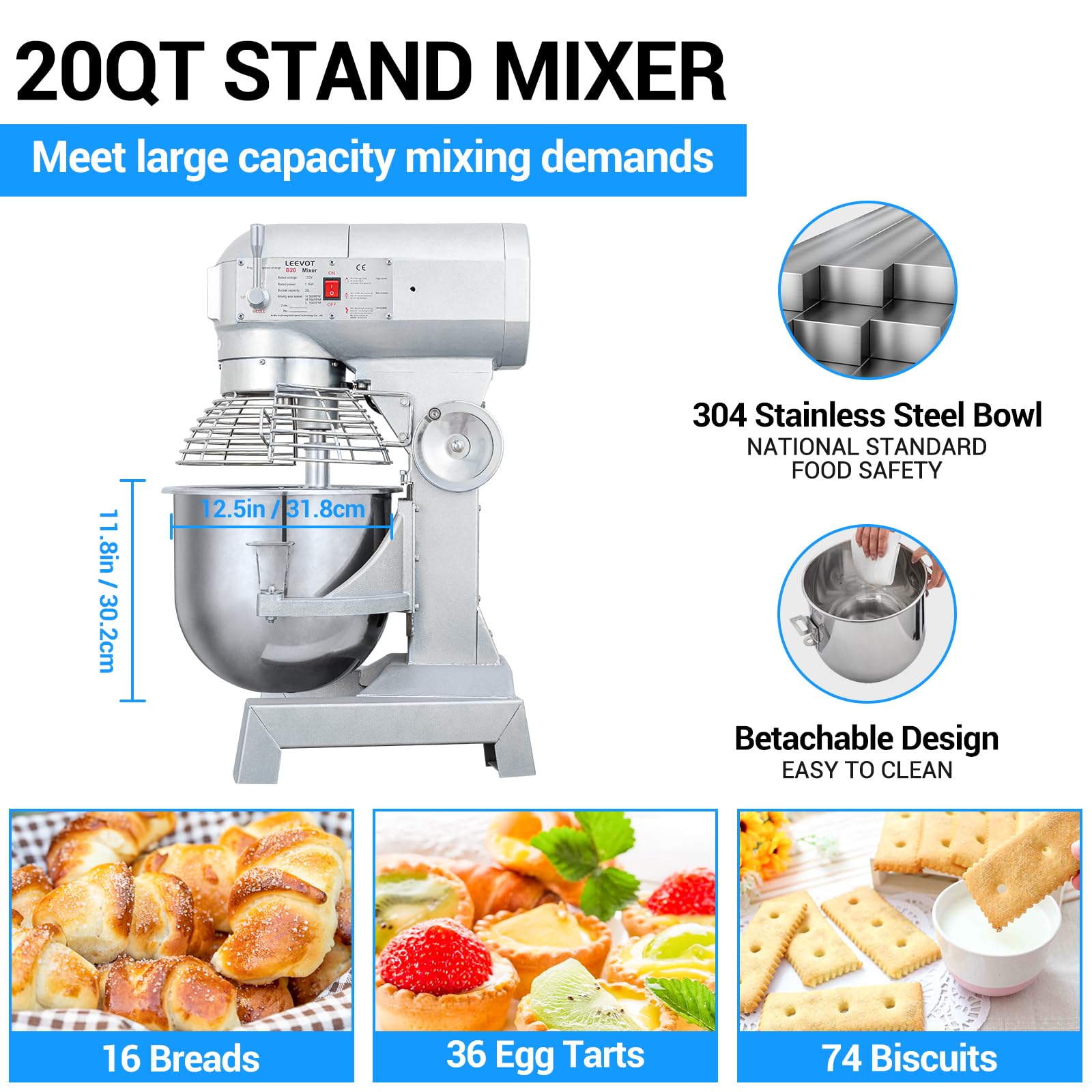 20Qt Commercial Food Mixer - 1100W Heavy Duty Electric Stand Mixer with 3-Speed Adjustable & Stainless Steel Bowl - Perfect for Bakeries, Pizzerias, and Home Kitchens (Compatible with Kitchenaid) - Ideal for Dough Kneading, Cake Mixing, and Food Preparation