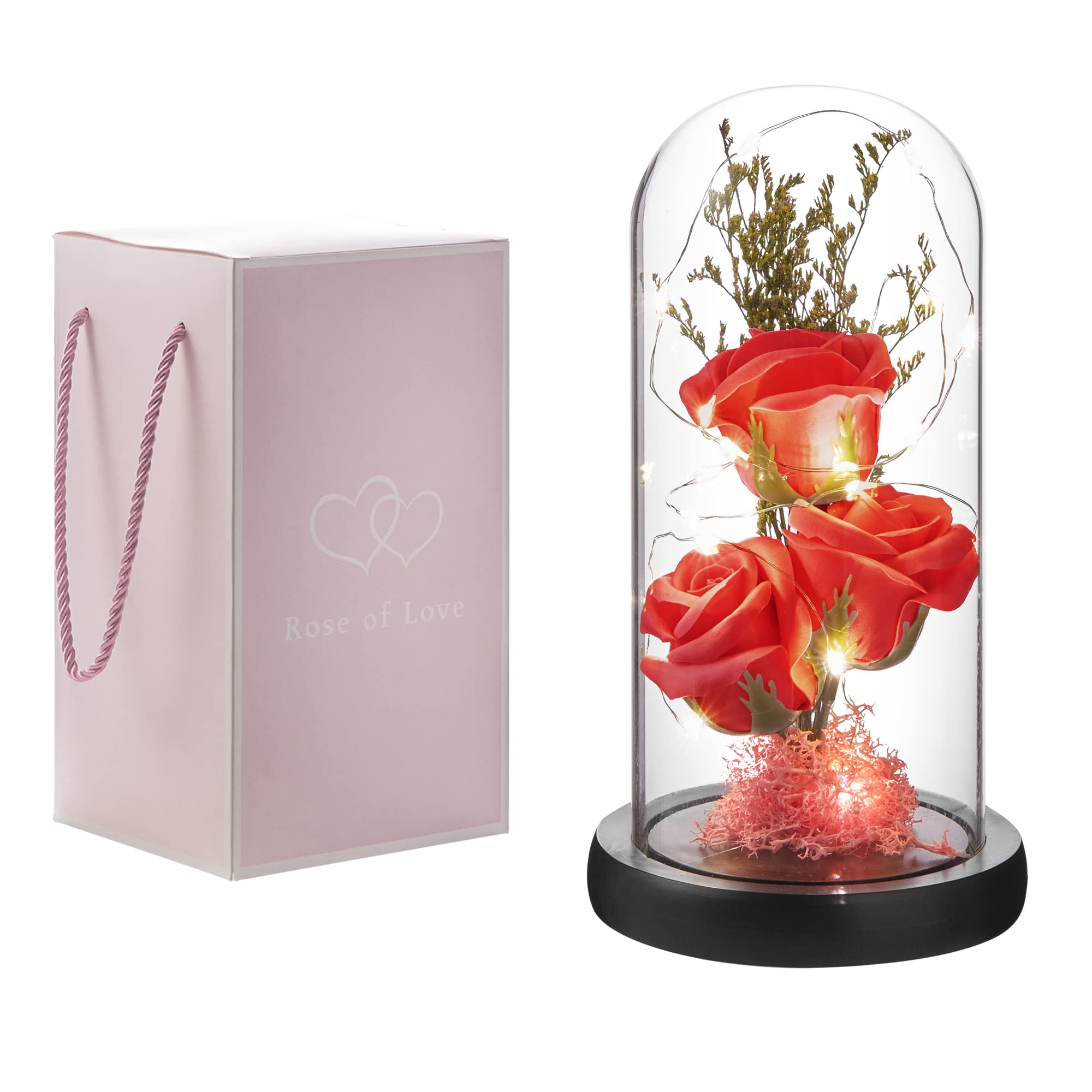 Eternal Preserved Rose in Glass Dome - LED Light Up Forever Rose Gift for Women, Mom, Grandma - Perfect for Mother's Day, Valentine's, Anniversary, Birthday & Christmas Decor - Romantic Home & Office Decoration - Red