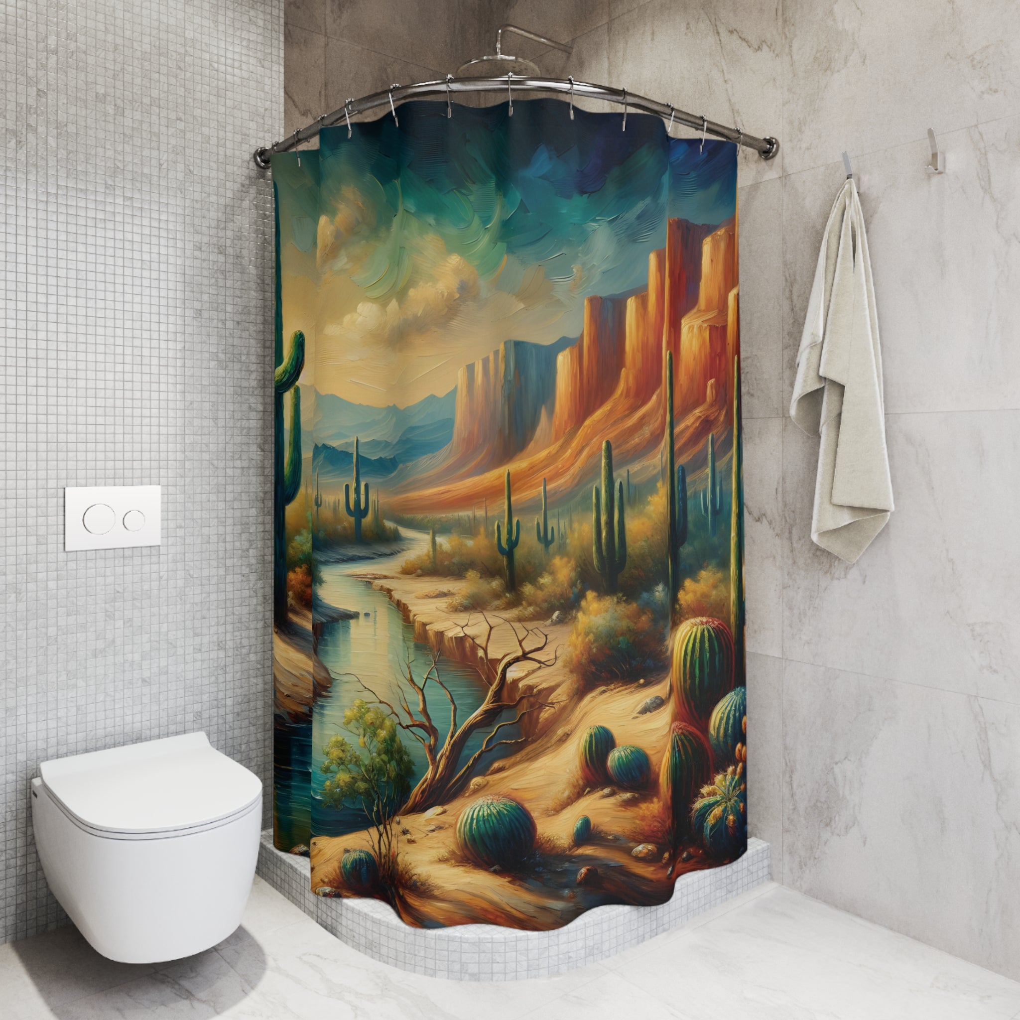 Scenic Mountain River Desert Painting Shower Curtain - Waterproof Polyester Bathroom Decor with Nature Landscape Art - Perfect for Southwest Style Homes & Wilderness Themed Bathrooms