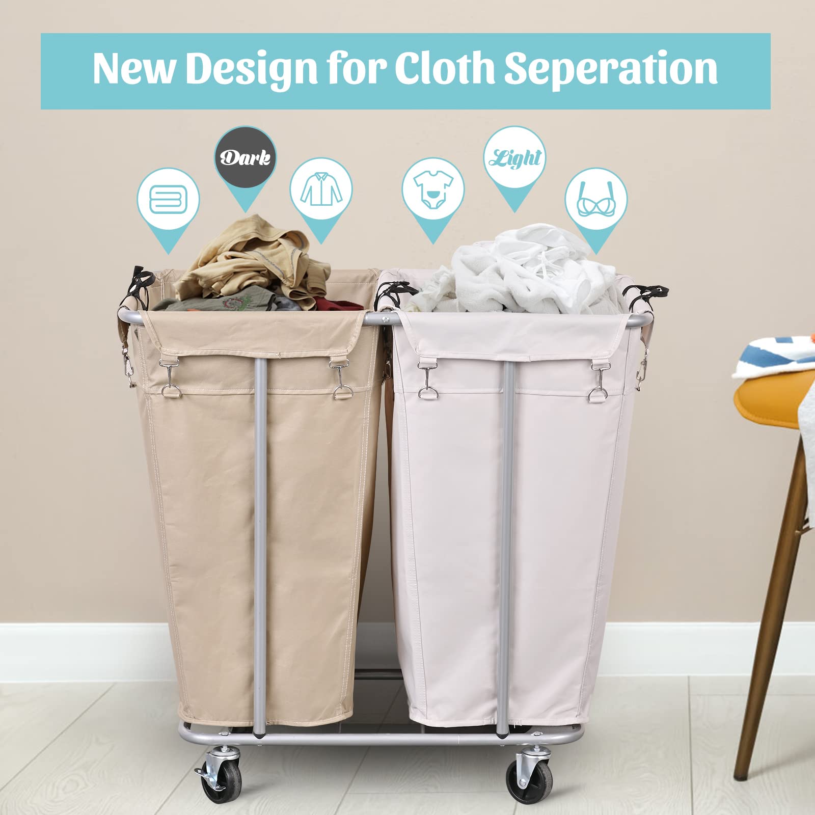 PLKOW 280L Large Rolling Laundry Cart with Wheels - 2 Section Commercial & Home Laundry Sorter with Steel Frame & Removable Bags (8 Bushel, 32.3