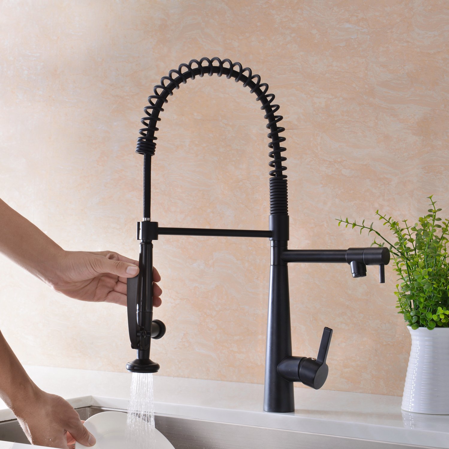 Premium Matte Black Solid Brass Kitchen Faucet - Heavy Duty Commercial Style Single Handle Pull Down Sprayer with Pot Filler - Ideal for Restaurants, Home Chefs & High-Traffic Kitchens