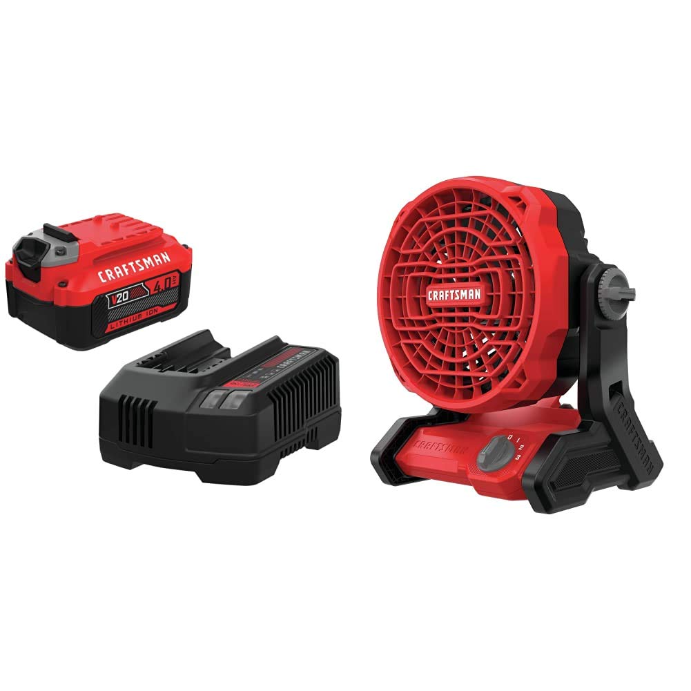 Craftsman V20 20V MAX* 4.0Ah Lithium-Ion Battery & Charger Kit - Compatible with Power Tools, Cordless Fan (CMCB204-CK & CMCE001B) - Perfect for DIY Projects, Home Repairs, and Professional Worksites