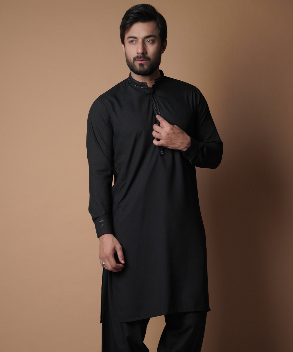 Elegant Jet Black Shalwar Kameez for Men - Traditional Pakistani Outfit for Weddings & Festivals | Premium Cotton Embroidered Kurta Pajama Set for Special Occasions