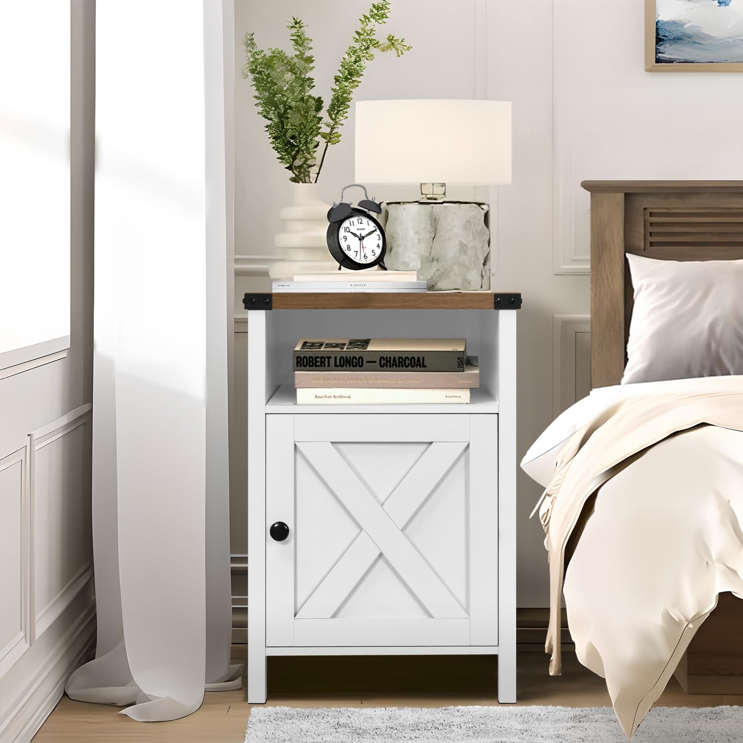 Farmhouse End Table Set of 2 - Rustic Night Stand with Barn Door & Storage Shelf - White Side Table for Bedroom, Living Room - Perfect for Farmhouse Decor & Small Space Storage
