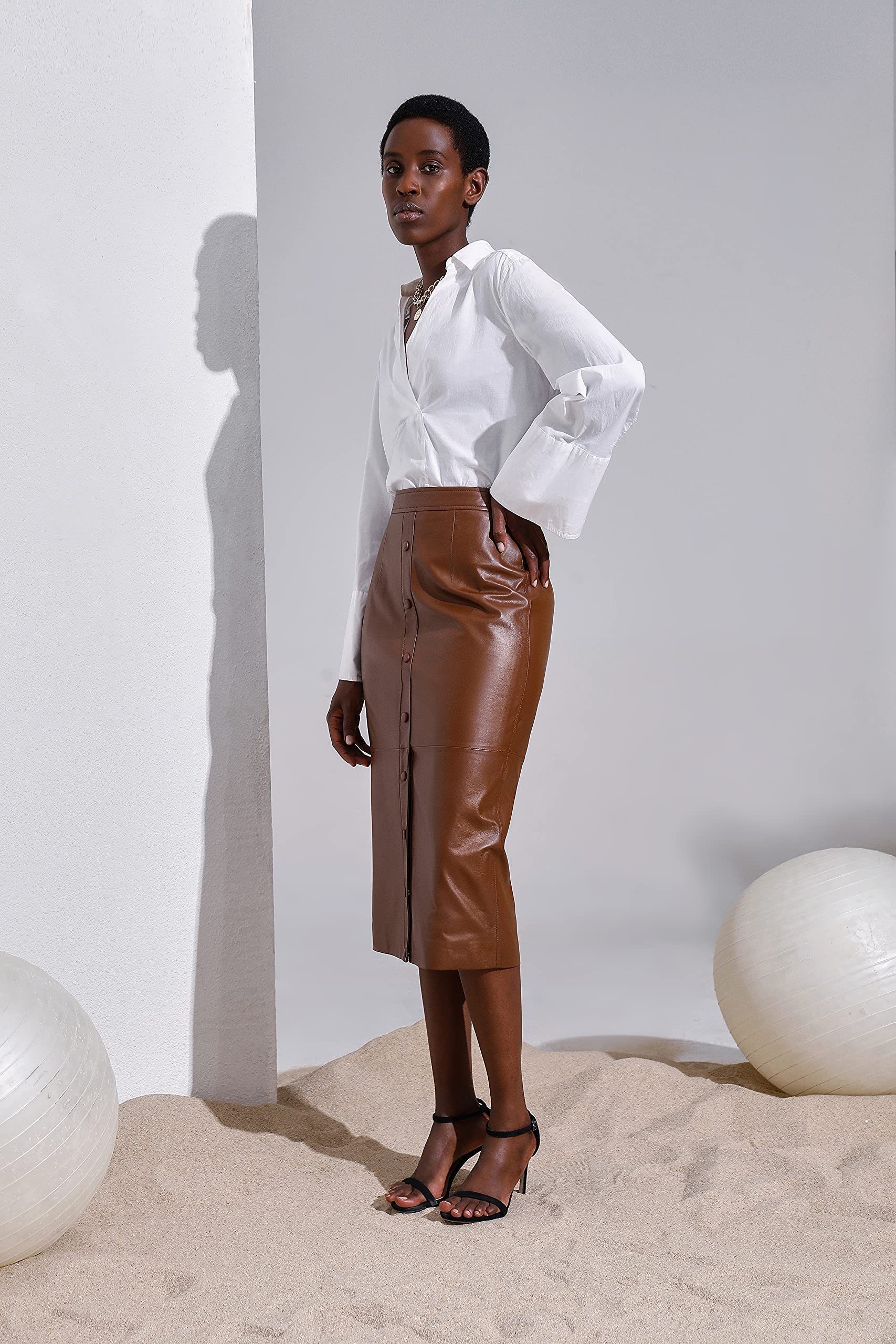 Stylish Women's Leather Midi Pencil Skirt with High Slit - SmartUniverseWear | Perfect for Office, Date Night & Evening Events