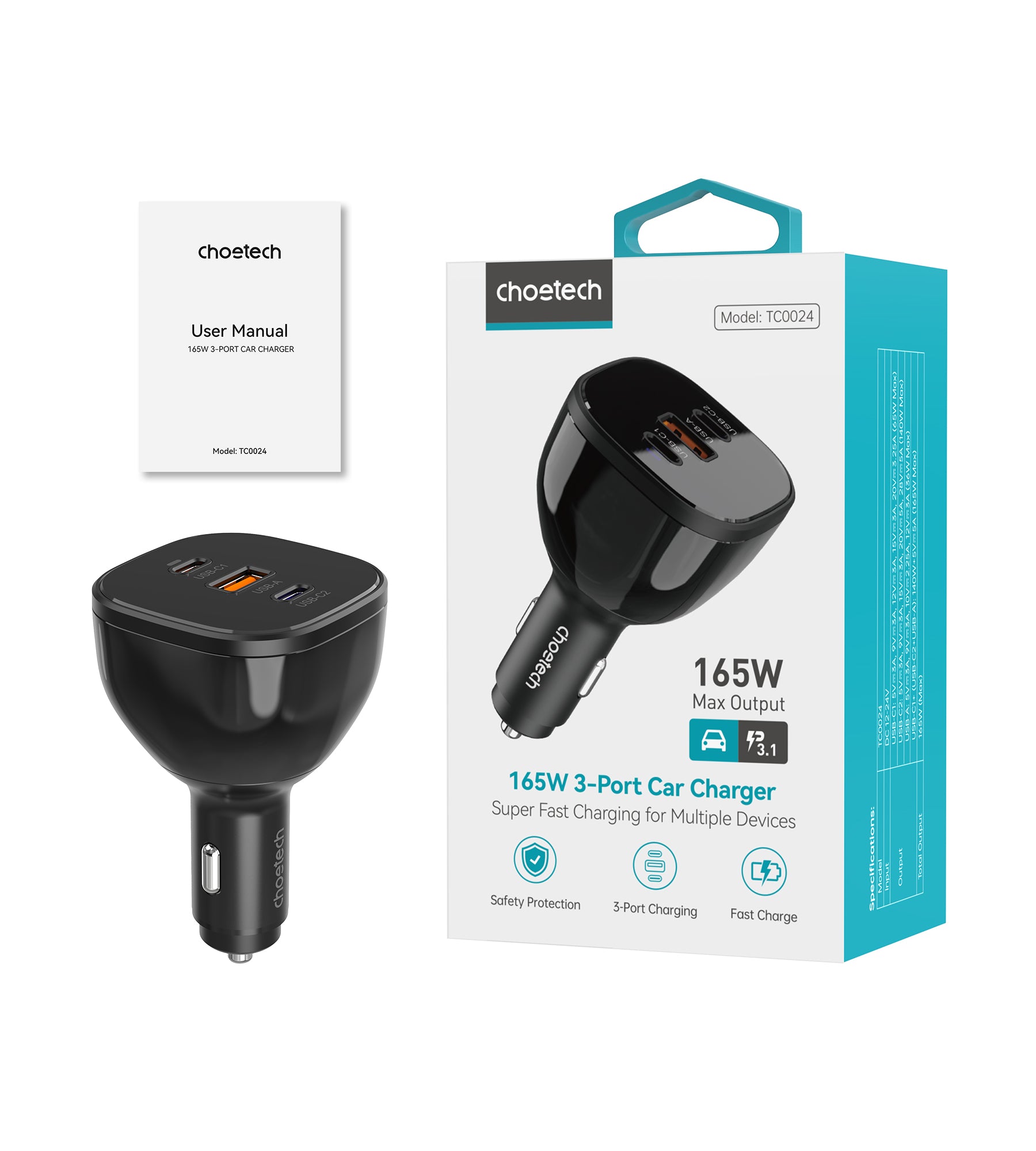 Choetech TC0024 165W 3 Port Car Charger - 140W PD3.1 USB C & Dual Fast Charging Ports for iPhone 15/14, Samsung Galaxy, iPad, Laptop | Perfect for Road Trips, Commuting & Travel Accessories