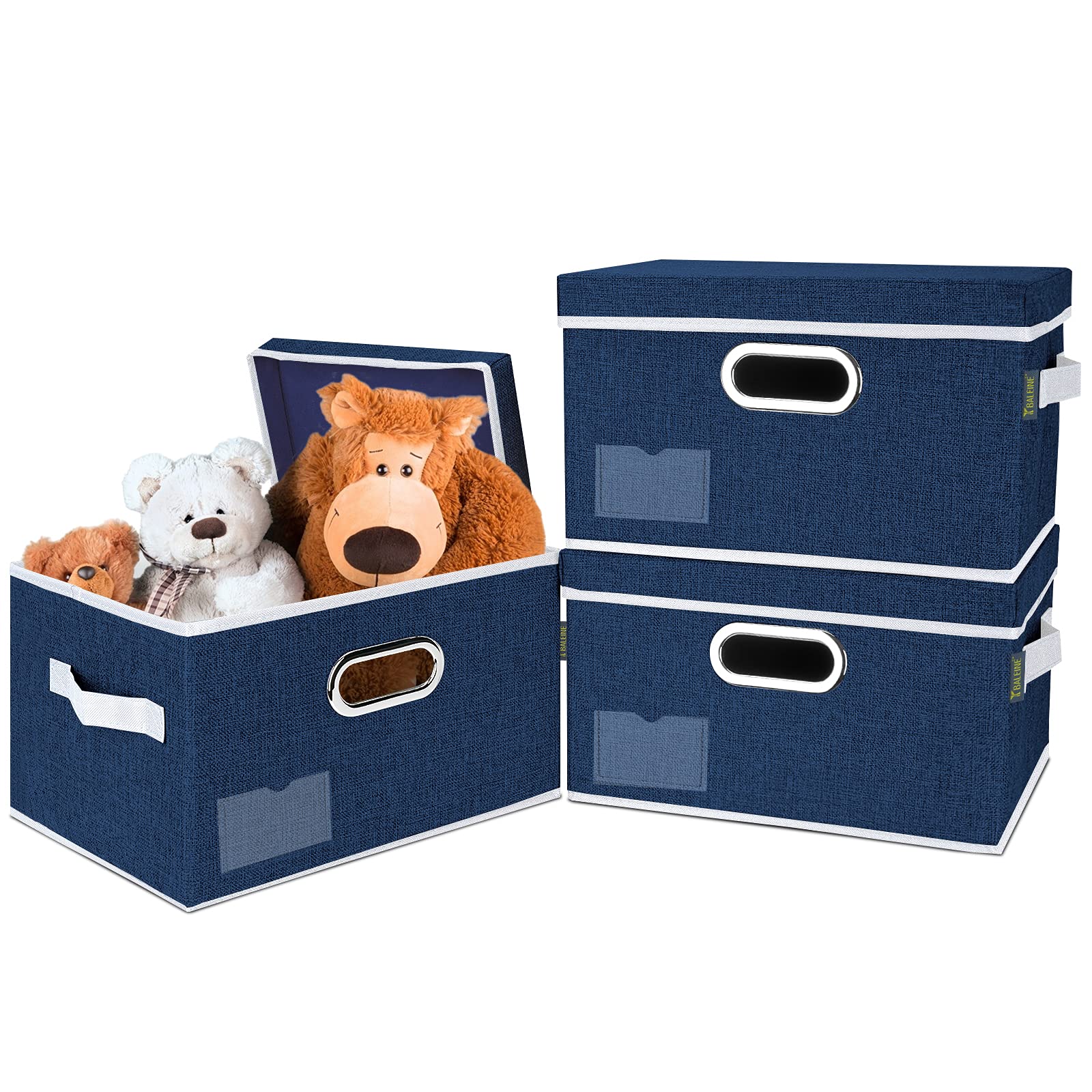 BALEINE Foldable Storage Bins with Lids - 3 Pack Jumbo Blue Fabric Closet Organizers for Bedroom, Office & Home Organization | Space-Saving Collapsible Design for Clothes, Toys & Seasonal Items